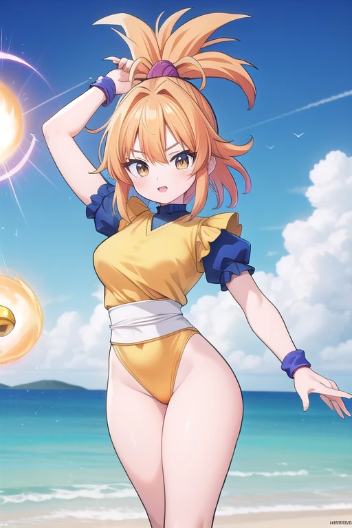 Une femme, 25 ans, UHD, HD, 8k, 4k, masterpiece, mangas, cheveux longs, cheveux multicolores, details, mince, Son Goku, super guerrier, combattant, planete Namek, ball of energy