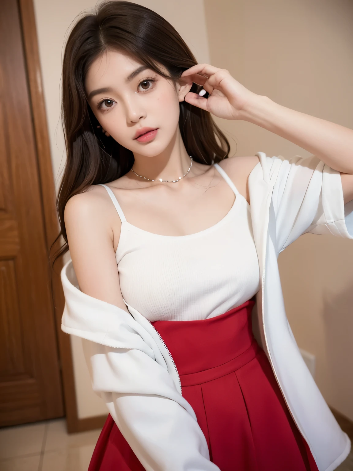 Kim Jennie with white brown hair, con rulos en las puntas, with two bows on each side of the hair, all her hair white brown, with a star clip in her white brown hair, ojos de color claro, ojos bonitos, ojos llorosos, nariz bonita y respingada, nariz lloroso, labios bonitos, labios rosas, heart and cupid shaped lip, piel bonita, pale, piel blanca, con lunares y pecas en todo el rostro, rubor rosa suave en las mejilla, rubor rosa natural, maquillaje suave y rosa, jennie, cuello bonito, cuello marcado, frown, mirada tierna, con un collar de beso, un collar bonito de beso, parecido a Yumeko Jabami, mientras lleva puesto un Crochet YK2, de lana, with a YK2 style brown mini skirt, mientras lleva una casaca con estampados de ositos, mientras tiene el abdomen desnudo, delgado, marcado y bonito, (pechos grandes, pechos suaves, pechos bonitos), mientras esta haciendo cospaly del personaje Yumeko Jabami, del anime Kakegurui, mirando a la camara, autofoto, selfie bonita