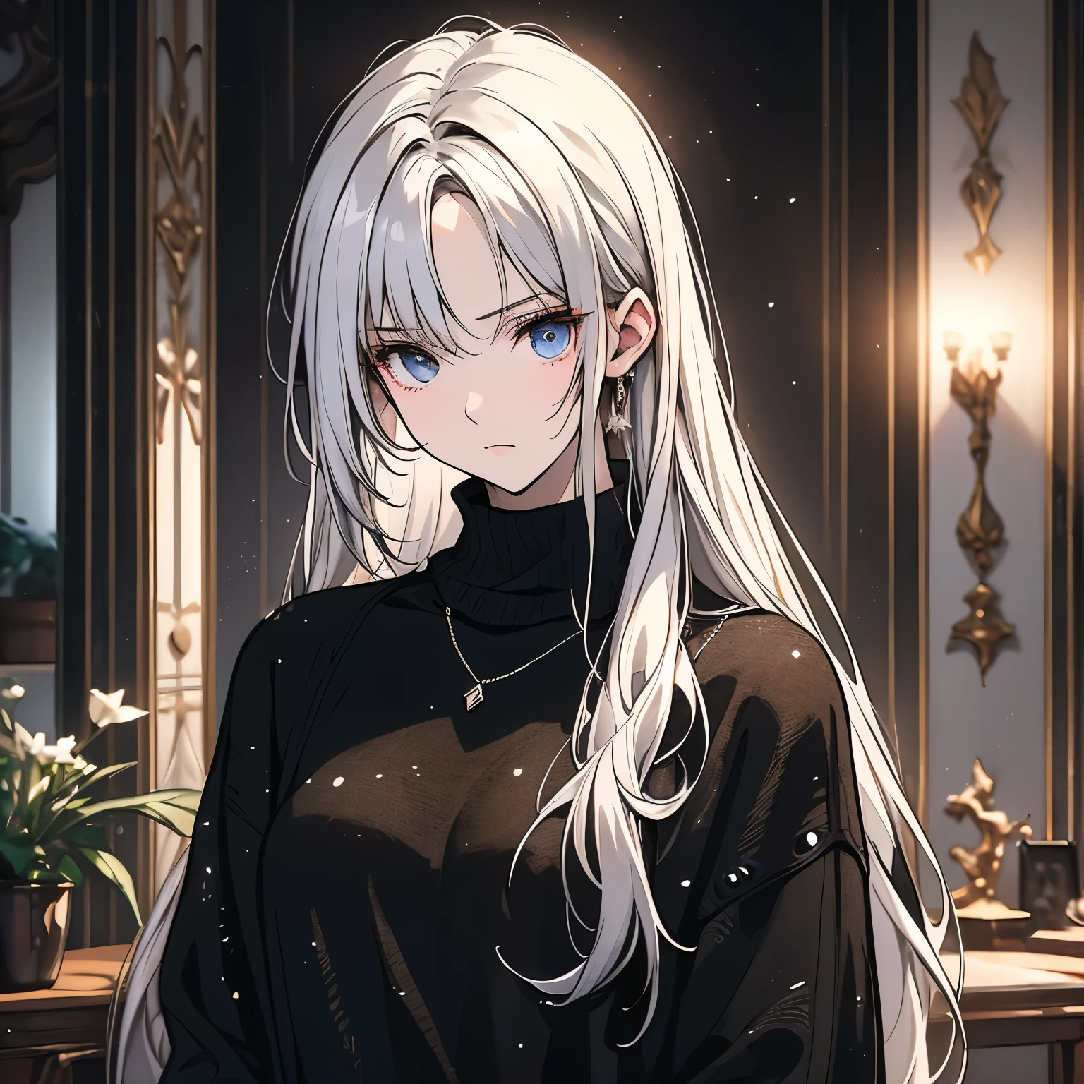 A white hair，20-year-old girl in a black sweater，Standing in the living room of the house，Expression of indifference，frown（Upper body display：1.5）（cinematic lighting：1.5）)(ultra-high detail:1.5)(best quality:1.5)