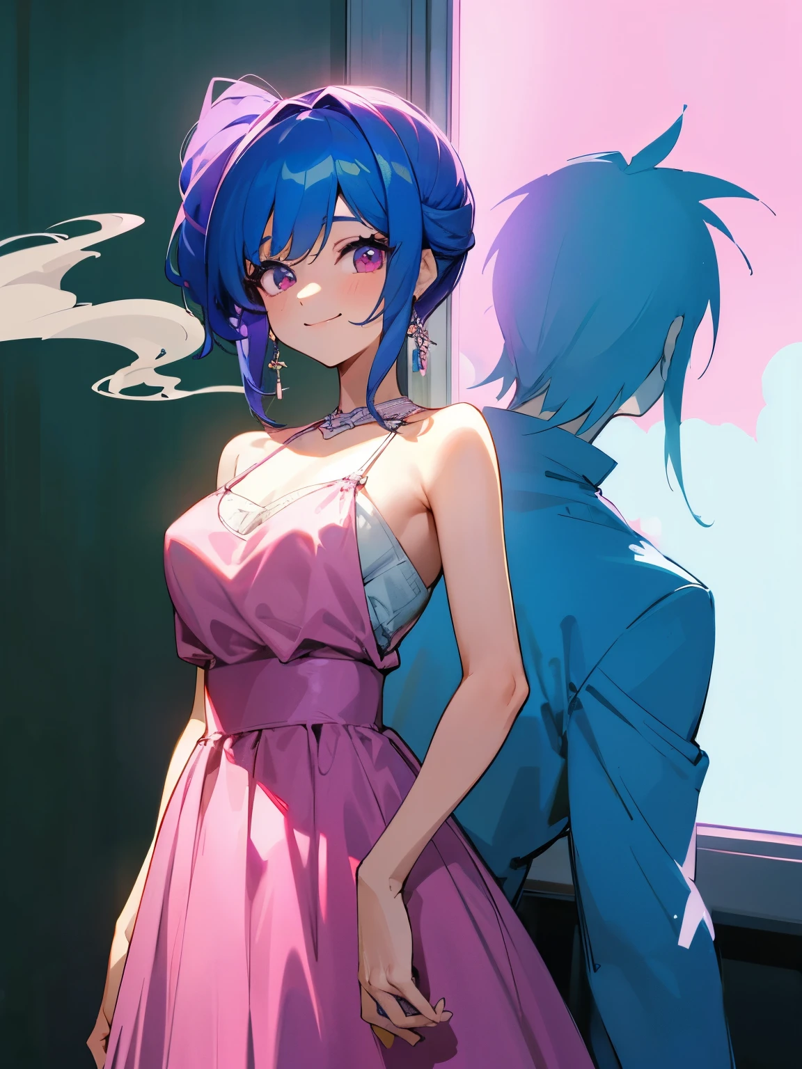 cartoon of a boy and a girl standing close together, ddlc, in the art style of 8 0 s anime, 9 0 s anime style, 90s anime style, in anime style, in an anime style, anime aesthetic, anime vibes, 9 0 s anime aesthetic, 9 0 s anime art style, lofi boy and girl, big beautiful background window, a cute boy and a cute girl, beautiful faces, a boy and a girl, don't extra hands, NO extra hands, generate a boy and a girl with NO extra hands, NO extra arm, the boy has a short blue hairstyle and the girl has a long pink hairstyle, pretty faces, cute pretty boy in a smoking dress, cute pretty girl in a beautiful dress, with amazing smile, boy has a pretty smile, girl has a cute smile