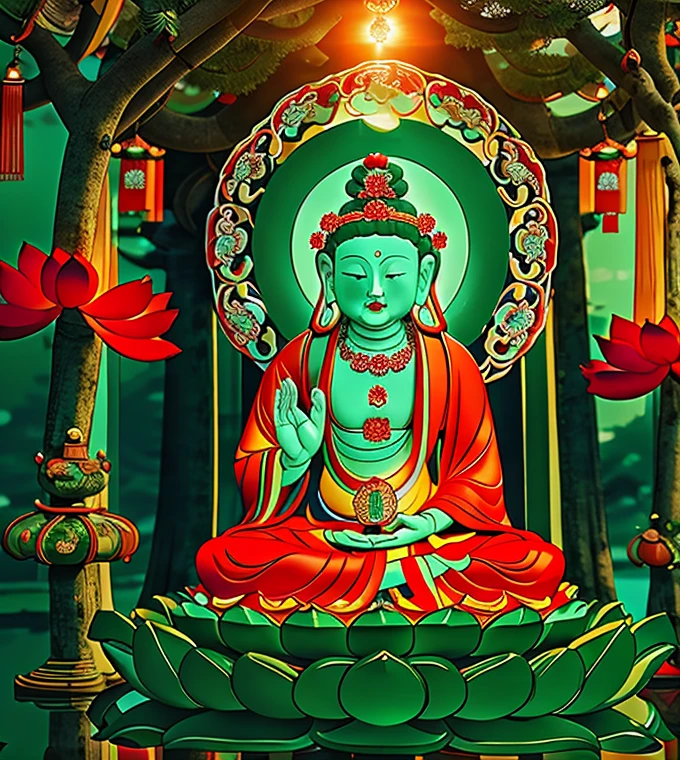 
 quan yin statue made of jade with thousand hands , crystal clear jade statue, holding a lotus made of jewery, floating red lotus, chinese haven back ground, holly light