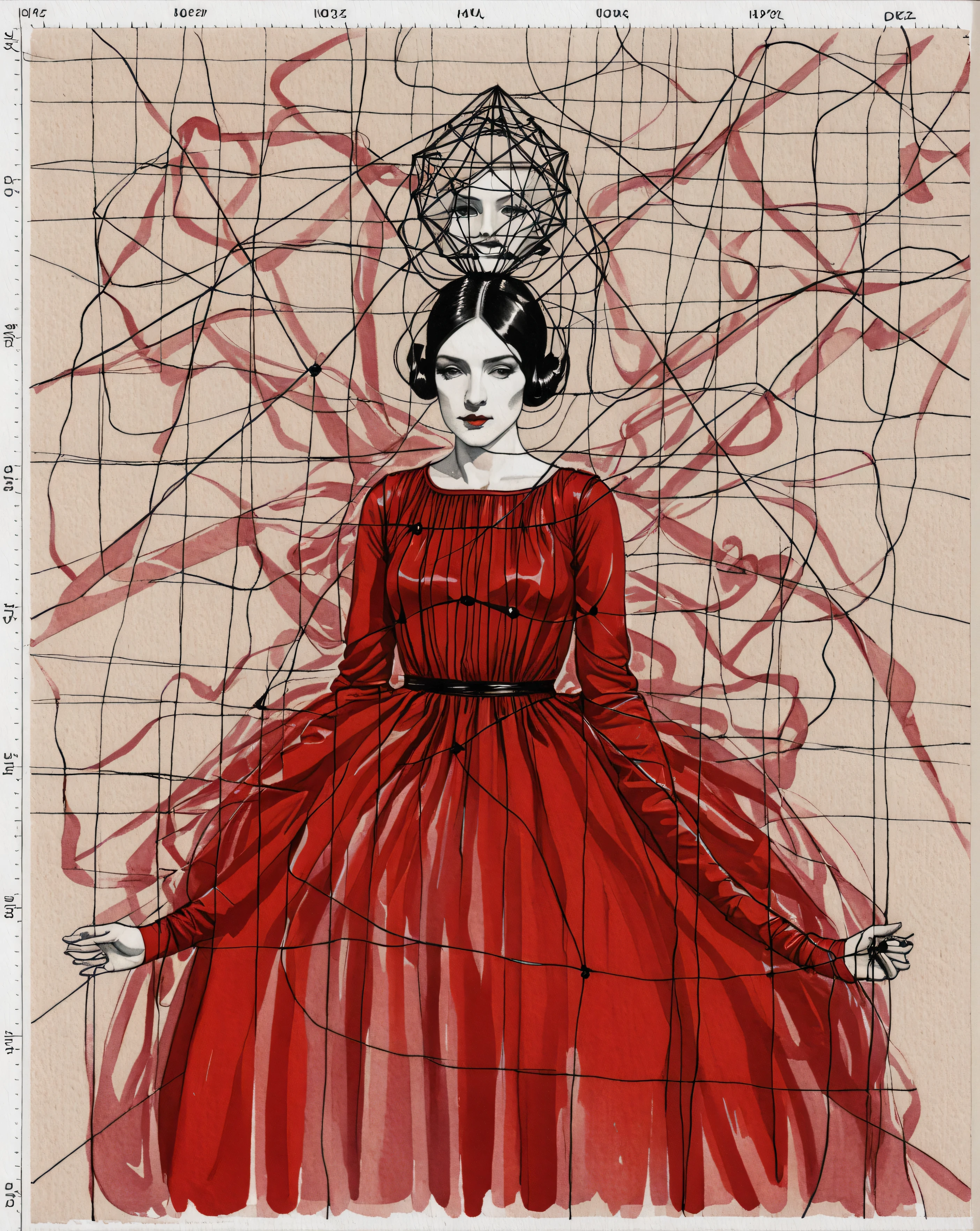 drawing of a woman in a red dress, tumblr, dada, vespertine, sketch of a lucid dream, wrapped in wires and piones
, geometrical painted art illustration, geometrical shapes