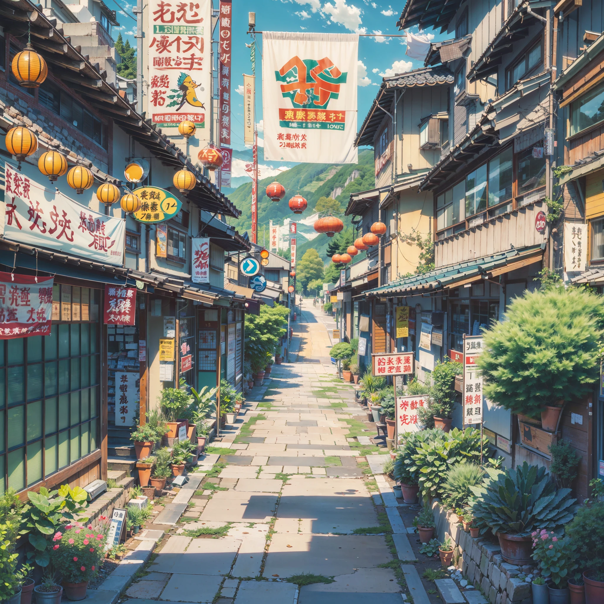 anime background, anime wallpaper, anime, anime style, lofi, lofi style, modern japanese street, mountains, uphill, modern japanese architecture, japanese convenience store, big retro japanese shop signs, retro japanese store, trees, plants, rocks, plant pots, shop signs, japanese banners, japanese signs, flags, empty street, no one in sight, (no one: 1), best quality, wide view, street going uphill, buildings tight together, 