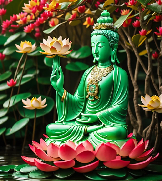 
 quan yin statue made of jade with thousand hands , crystal clear jade statue, holding a lotus made of jewery, floating red lotus, chinese haven back ground, holly light