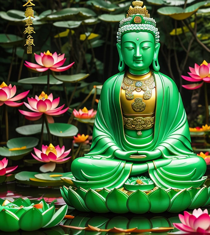 
 quan yin statue made of jade with thousand hands , crystal clear jade statue, holding a lotus made of jewery, floating red lotus, chinese haven back ground, holly light