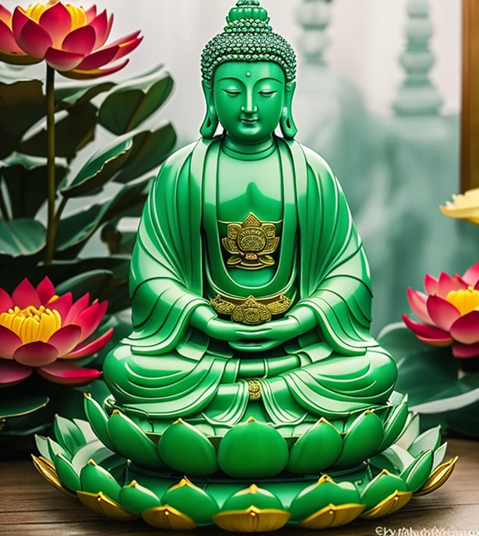 
 quan yin statue made of jade with thousand hands , crystal clear jade statue, holding a lotus made of jewery, floating red lotus, chinese haven back ground, holly light