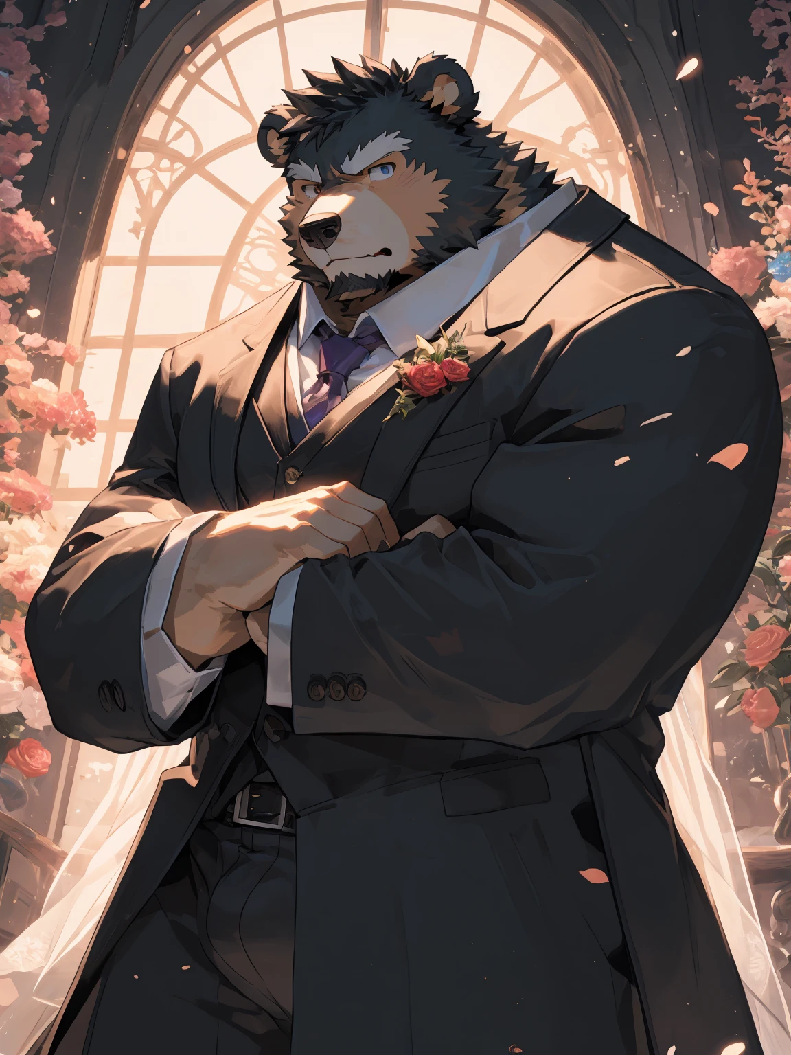 (Super detailed), Sharp focus, Eye, 棕色Eye, hairy, ),(Black and white fur), black beard, Black Hair,human nature (Brown Bear:1.3), male, Middle-aged and elderly, Brown body, White belly, Muscular ,(Crotch bulge),Super detailed的脸,(White Dress:1.4),(best quality), (masterpiece), High Detail, high quality,High resolution, , 16K,The background is the wedding hall,close up,(Bright room:1.3),(Naked:1.3),Holding flowers,(Brown Bear:1.3),(Brown fur:1.3),Angry Notes,Marriage robbery