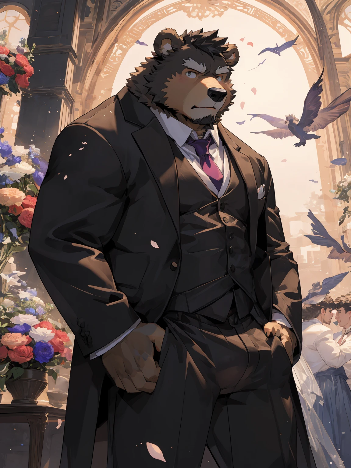 (Super detailed), Sharp focus, Eye, 棕色Eye, hairy, ),(Black and white fur), black beard, Black Hair,human nature (Brown Bear:1.3), male, Middle-aged and elderly, Brown body, White belly, Muscular ,(Crotch bulge),Super detailed的脸,(White Dress:1.4),(best quality), (masterpiece), High Detail, high quality,High resolution, , 16K,The background is the wedding hall,close up,(Bright room:1.3),(Naked:1.3),Holding flowers,(Brown Bear:1.3),(Brown fur:1.3),Angry Notes,Marriage robbery