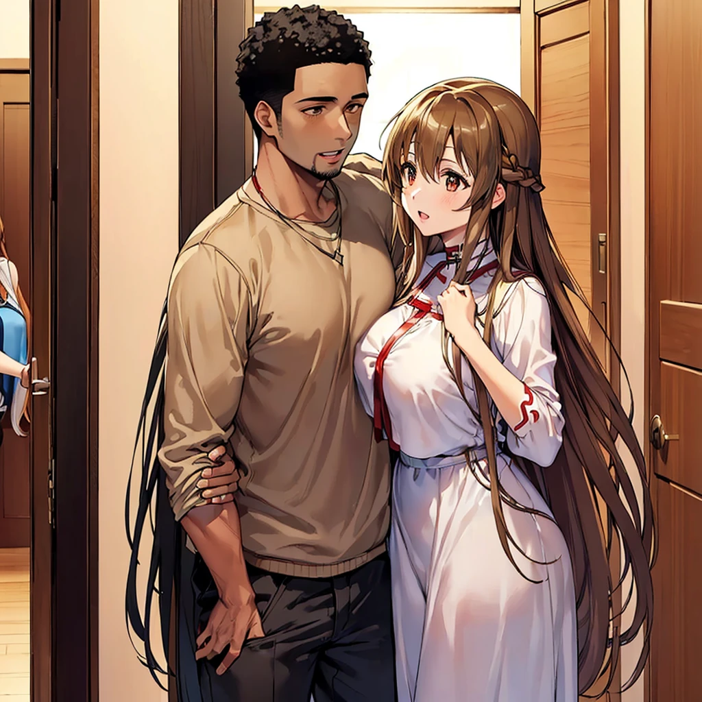 ((highest quality)), ((masterpiece)), Perfect Face、((Yuuki Asuna))、Brown Hair、((Black man and woman standing close together))、((Black man fondling woman&#39;s breasts))、((女は黒人***をpregnancy))、（Holding a black baby）、（Breastfeeding）、((Black men have dark skin and strong bodies))、Woman has happy expression、((pregnancy))