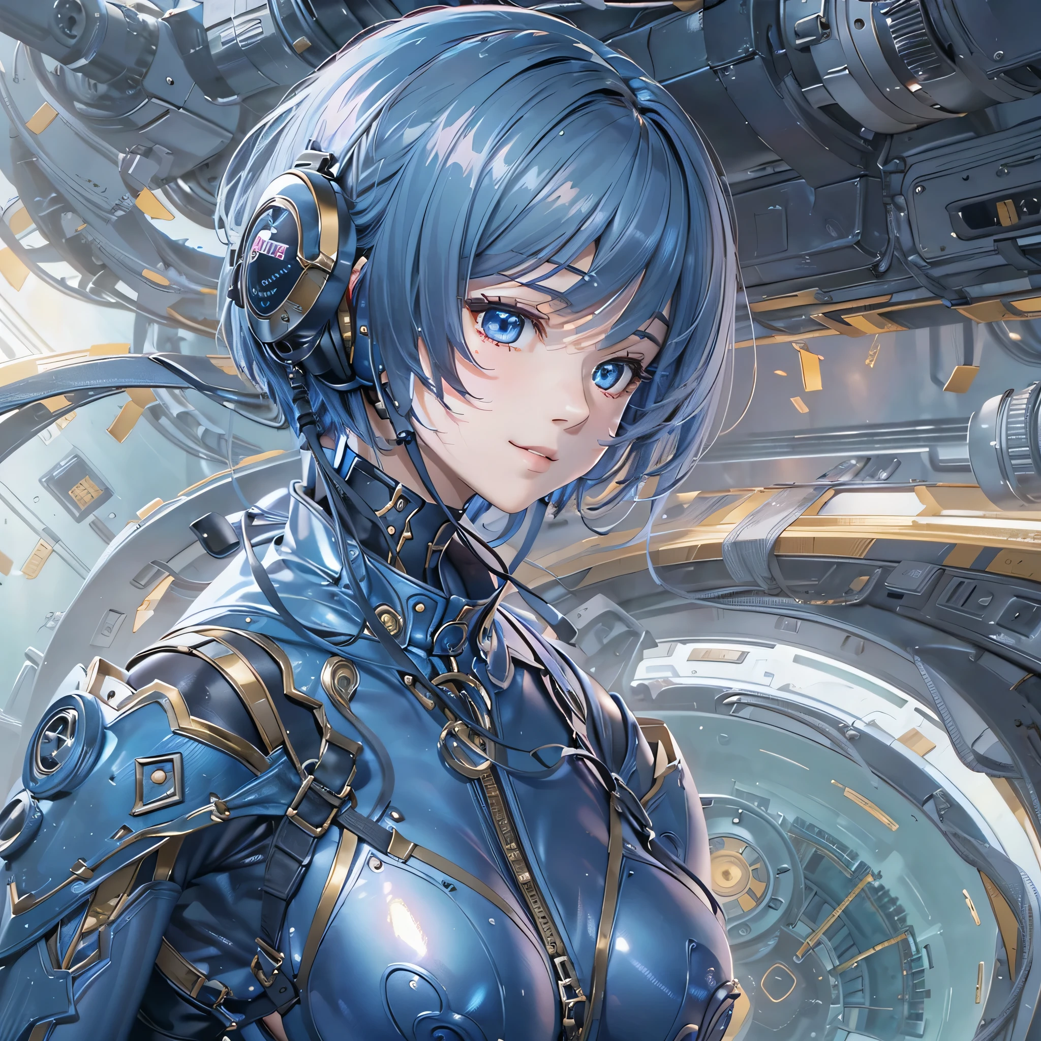 (masterpiece、highest quality、Highest Resolution、Clear_image、Detailed details、Angle from above): (Whole body、One 20 year old girl、Japanese Faces、Small Face、Slender、Navy blue super short bob cut hair、(Hidden small breasts:1.3)、Sparkling blue eyes、Shiny pilot suit in blue and black colors、Chest protection armor、Tight fitting clothes、Clothing that covers the whole body、Glamorous clothes、Tight Fit Pants、Hide your skin、Very delicate and beautiful、Detailed Skin、hide thighs、Hide your ass、Cute、A gentle smile、Soft expression、heroine、headset、Knee-high boots、Elbow-length gloves、Eye Level Shot、Face directly、Woman on a spaceship)