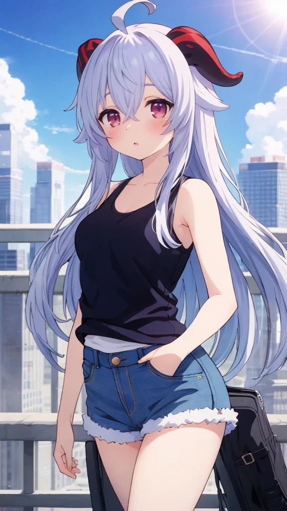 Absurd, High resolution, (Anime style: 1.1), ((Maste Piece)), ((Highest quality)), (Super detailed), (Beautiful), Solo, Beautiful face, (Lift up), Cute atmosphere with a view from The top of a skyscraper near, wind, lens flare, dramatic, detailed ancient city, clouds below, ((Shibuya)) 1.5, Ganyu (Genshin), chest, horns, long hair, blue hair, ahoge, camera Eyes, holding, blushing, bangs, absolute area, purple eyes, medium breasts, goat horns, super long hair, standing, mouth closed, , side lock, cowboy shot, fluffy, red eyes, hair between the eyes, ( Colorful Clouds Background Blur) 1.2, Fluffy, Official Art, Beauty, Aesthetics: 1.2), Text Frame Depth, Composition, ((Blue Striped Tank Top)), Denim Shorts,