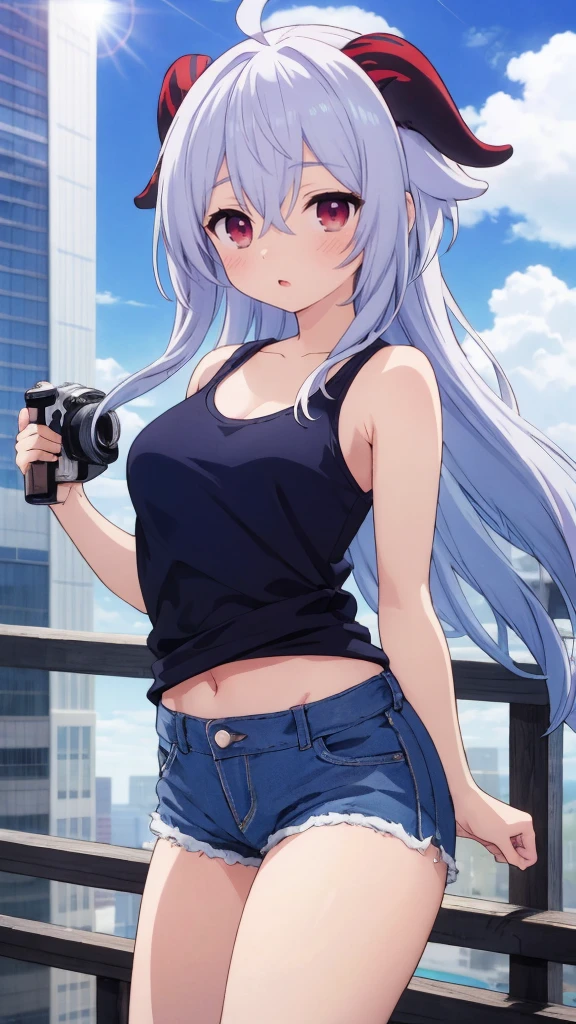 Absurd, High resolution, (Anime style: 1.1), ((Maste Piece)), ((Highest quality)), (Super detailed), (Beautiful), Solo, Beautiful face, (Lift up), Cute atmosphere with a view from The top of a skyscraper near, wind, lens flare, dramatic, detailed ancient city, clouds below, ((Shibuya)) 1.5, Ganyu (Genshin), chest, horns, long hair, blue hair, ahoge, camera Eyes, holding, blushing, bangs, absolute area, purple eyes, medium breasts, goat horns, super long hair, standing, mouth closed, , side lock, cowboy shot, fluffy, red eyes, hair between the eyes, ( Colorful Clouds Background Blur) 1.2, Fluffy, Official Art, Beauty, Aesthetics: 1.2), Text Frame Depth, Composition, ((Blue Striped Tank Top)), Denim Shorts,