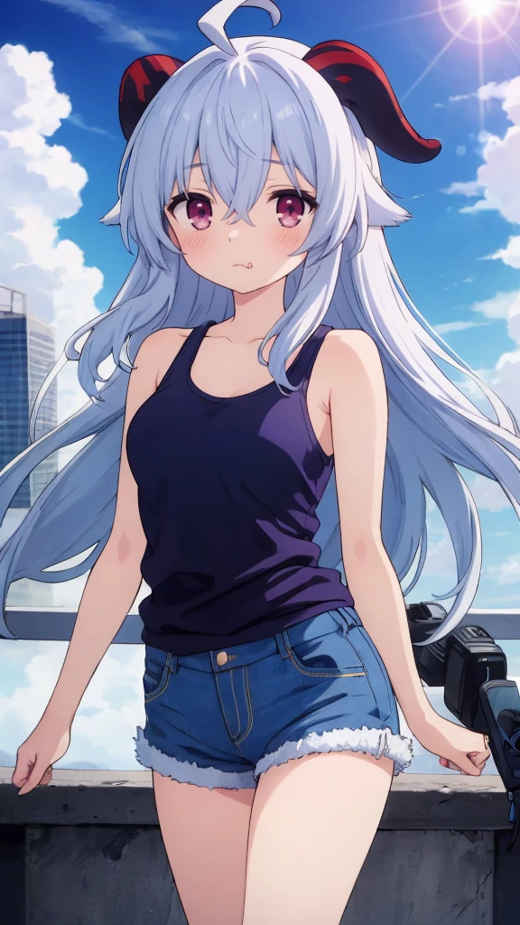 Absurd, High resolution, (Anime style: 1.1), ((Maste Piece)), ((Highest quality)), (Super detailed), (Beautiful), Solo, Beautiful face, (Lift up), Cute atmosphere with a view from The top of a skyscraper near, wind, lens flare, dramatic, detailed ancient city, clouds below, ((Shibuya)) 1.5, Ganyu (Genshin), chest, horns, long hair, blue hair, ahoge, camera Eyes, holding, blushing, bangs, absolute area, purple eyes, medium breasts, goat horns, super long hair, standing, mouth closed, , side lock, cowboy shot, fluffy, red eyes, hair between the eyes, ( Colorful Clouds Background Blur) 1.2, Fluffy, Official Art, Beauty, Aesthetics: 1.2), Text Frame Depth, Composition, ((Blue Striped Tank Top)), Denim Shorts,