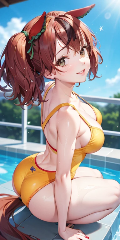 nicenature、Close-up of the butt looking up from below、Get wet all over 1.5.Realistic、squat butt emphasis、13 year old girl、wearing a yellow swimsuit,smile,cleavage emphasis,face reality,lips are a little red,cheeks are a little red,Sexy,pool
