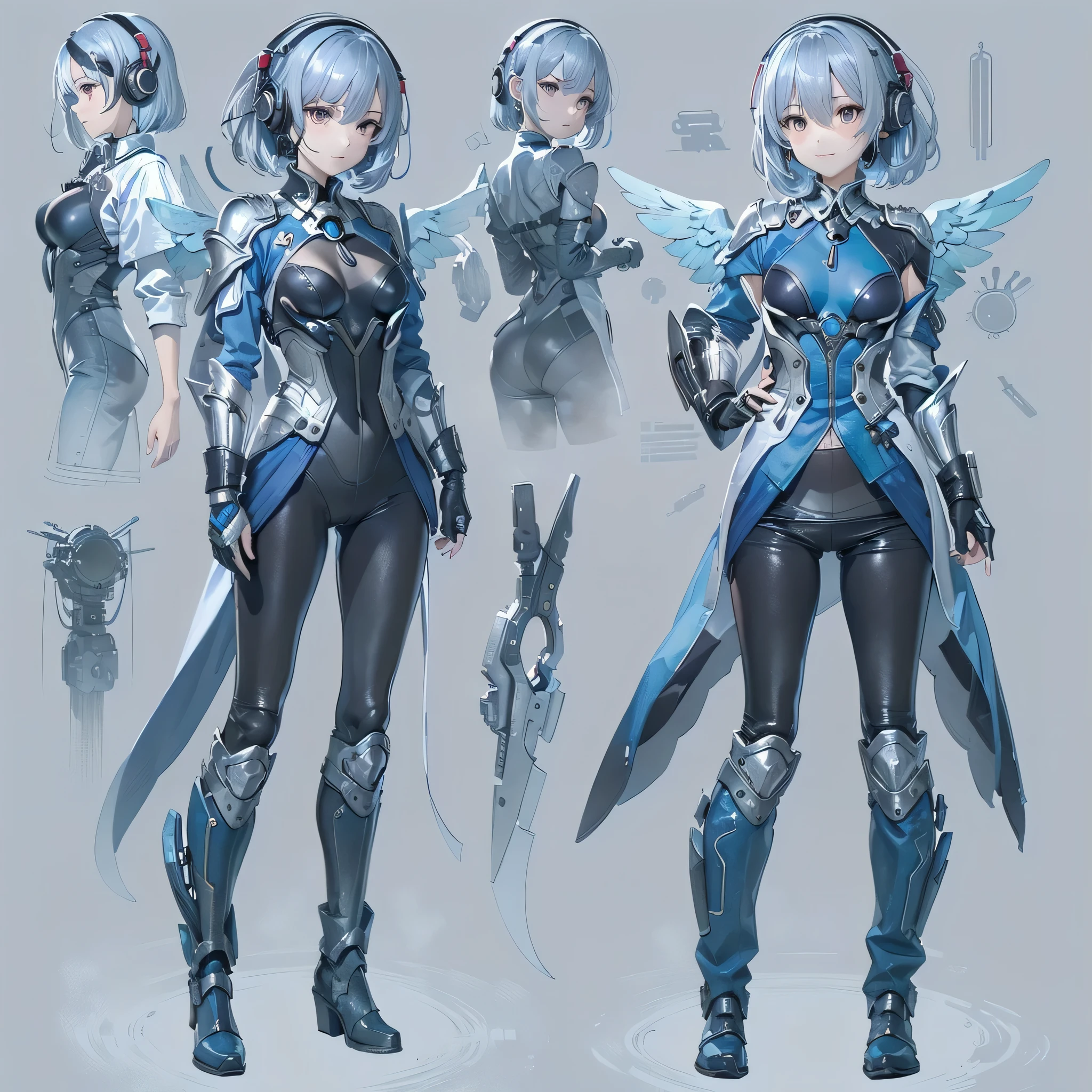 (masterpiece、highest quality、Highest Resolution、Clear_image、Detailed details、Angle from above): (Whole body、One 20 year old girl、Japanese Faces、Small Face、Slender、Navy blue super short bob cut hair、(Hidden small breasts:1.3)、Sparkling blue eyes、Shiny pilot suit in blue and black colors、Chest protection armor、Tight fitting clothes、Clothing that covers the whole body、Glamorous clothes、Tight Fit Pants、Hide your skin、Very delicate and beautiful、Detailed Skin、hide thighs、Hide your ass、Cute、A gentle smile、Soft expression、heroine、headset、Knee-high boots、Elbow-length gloves、Eye Level Shot、Face directly、Woman on a spaceship)