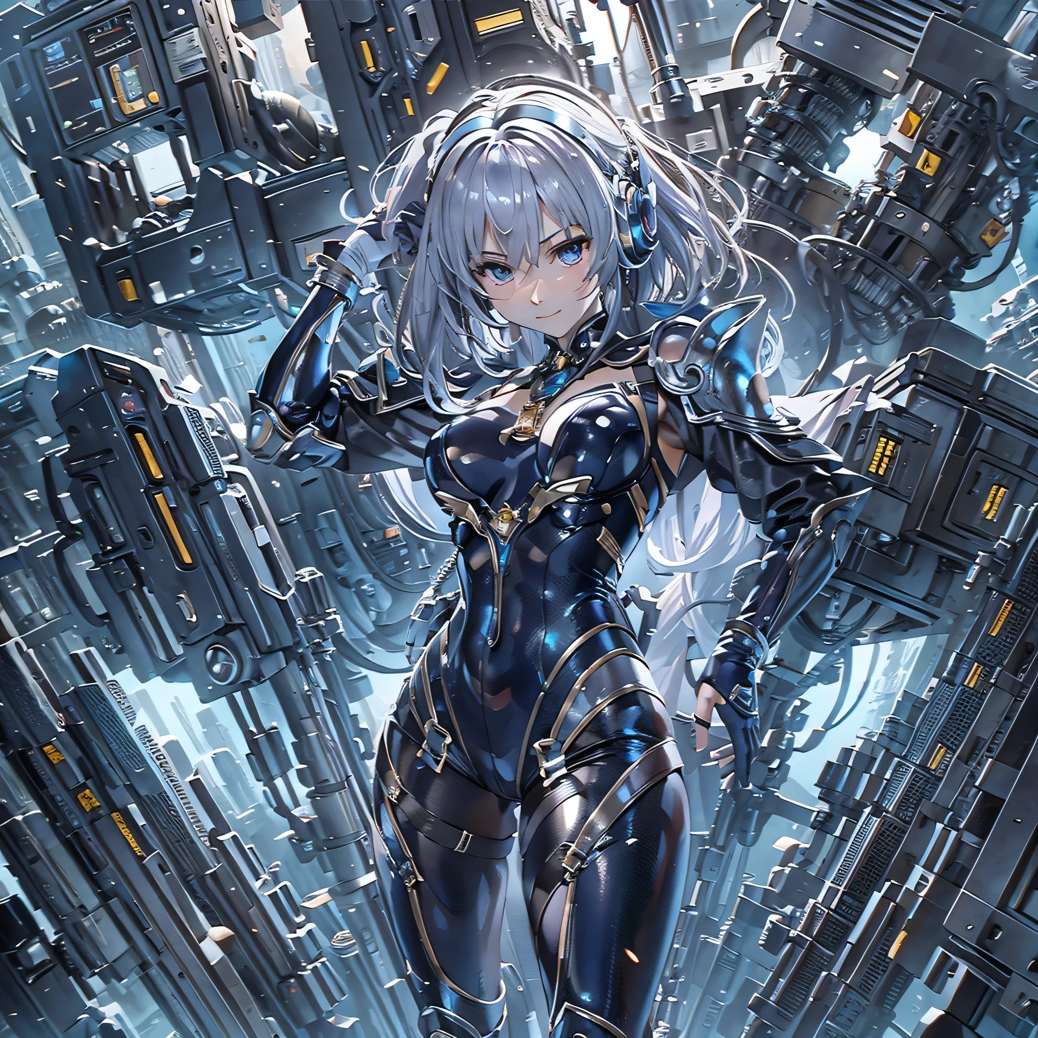 (masterpiece、highest quality、Highest Resolution、Clear_image、Detailed details、Angle from above): (Whole body、One 20 year old girl、Japanese Faces、Small Face、Slender、Navy blue super short bob cut hair、(Hidden small breasts:1.3)、Sparkling blue eyes、Shiny pilot suit in blue and black colors、Chest protection armor、Tight fitting clothes、Clothing that covers the whole body、Glamorous clothes、Tight Fit Pants、Hide your skin、Very delicate and beautiful、Detailed Skin、hide thighs、Hide your ass、Cute、A gentle smile、Soft expression、heroine、headset、Knee-high boots、Elbow-length gloves、Eye Level Shot、Face directly、Woman on a spaceship)