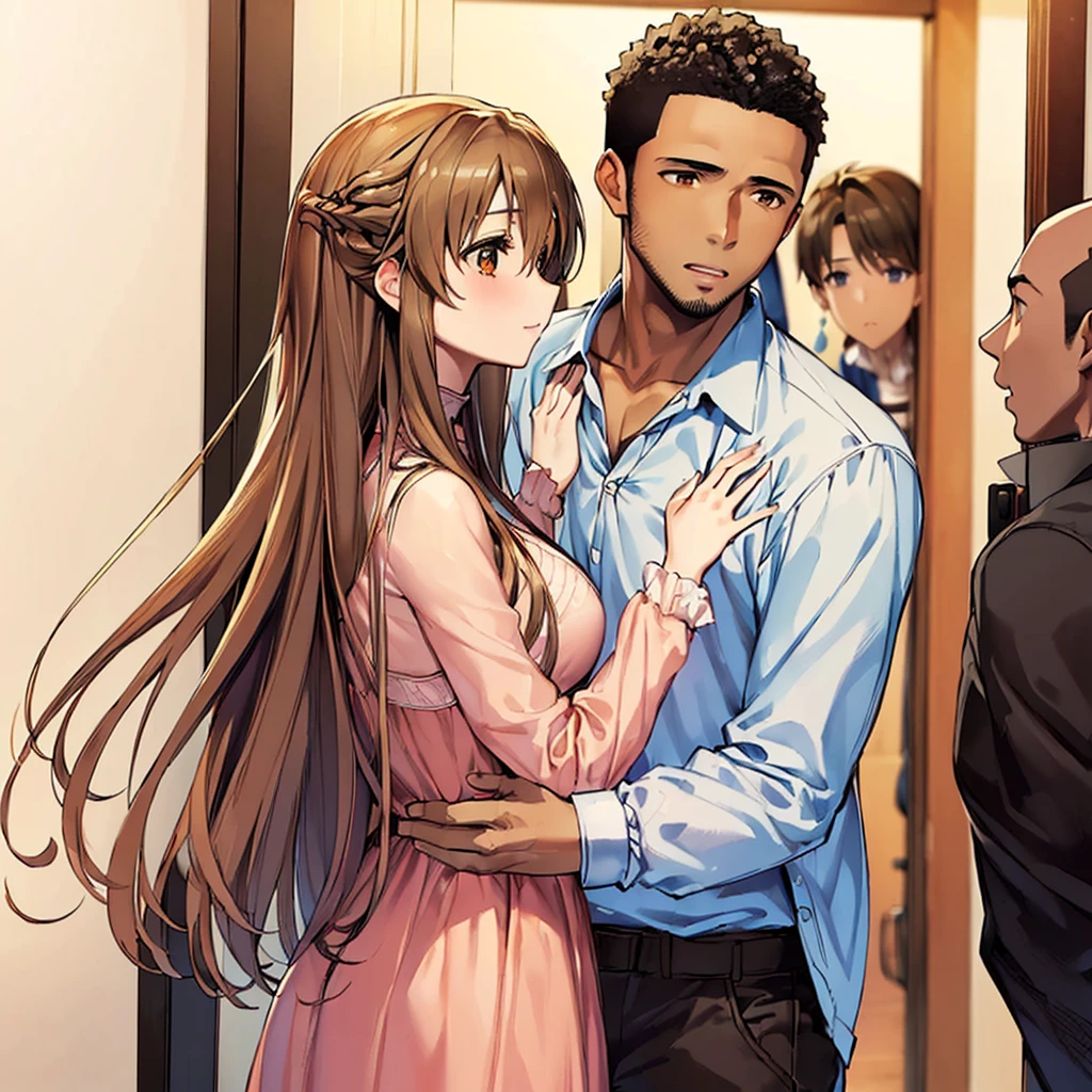 ((highest quality)), ((masterpiece)), Perfect Face、((Yuuki Asuna))、Brown Hair、((Black man and woman standing close together))、((Black man fondling woman&#39;s breasts))、((女は黒人男の子をpregnancy))、((Holding a black baby))、（Breastfeeding）、((Black men have dark skin and strong bodies))、Woman has happy expression、((pregnancy))