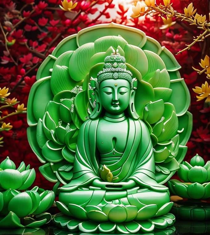 
 quan yin statue made of jade with 18 hands, crystal clear jade statue, holding a lotus made of jewery, floating red lotus, chinese haven back ground, holly light