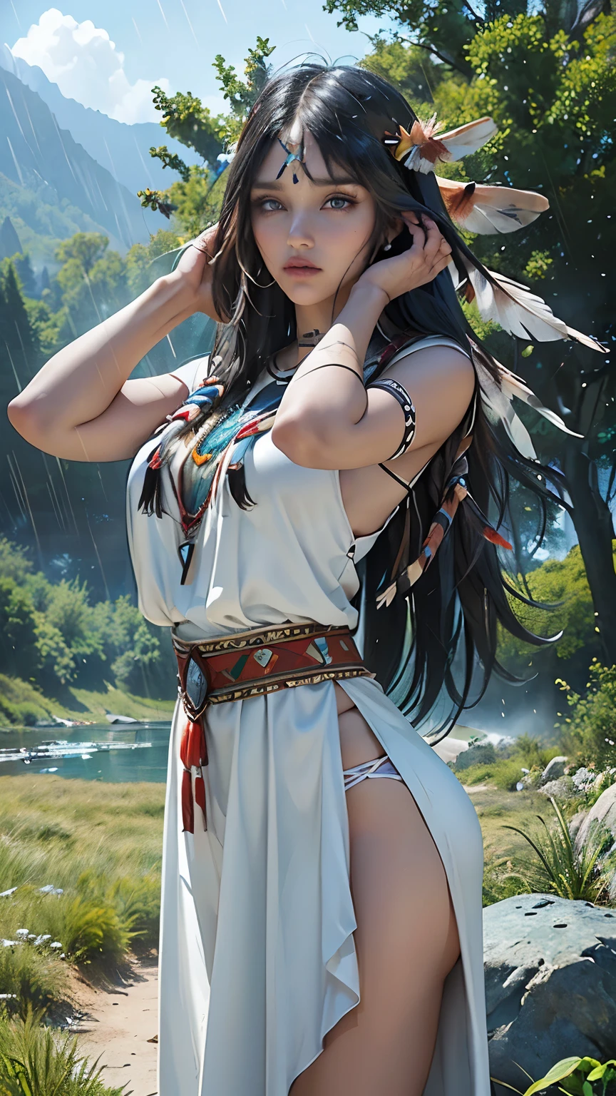 score_9, score_8_~ over, score_7_~ over, score_6_~ over, classification_clear, 1 girl, ((18 years:1.2)),(best quality,high resolution,Ultra - Detailed,In fact),Native American Ariana Grande,(wild indian native american:1.4), adult, full lips, big bright eyes, light blue eyes, ((rubio:1)), (cabello ondulado long trenzado nativo indio: 1.2), (female native american:1.4) ,(native indian feathers :1.4), (facial details: 1.5, bright blue eyes, beautiful face, pretty eyes, iris coating, labios delgados: 1.5, delgado, pale and sharp eyebrows, long, dark eyelashes, double tap),(Perfect hand detail : 1.4 ) , (forest background big leaves :1.4), (native american v2.1), (native american:1.4), (fondo desierto casa native american:1.4), (dynamic cowboy pose),(( beautiful american indian warrior:1.4), (beautiful american indian warrior: v2.1)) , (bright colors), (big stone background:1.4 ), (meadow background :1.4), (cloudy rain falling:1.4), (big meadow autumn :1.4), (vestidor native american:1.4), (Showing panties:1.4), (Realista v2.1), (complete anatomy), (big bust),( bottom river crystal water:1.4),( dynamic cowboy pose), (cinematic effect v2.1)