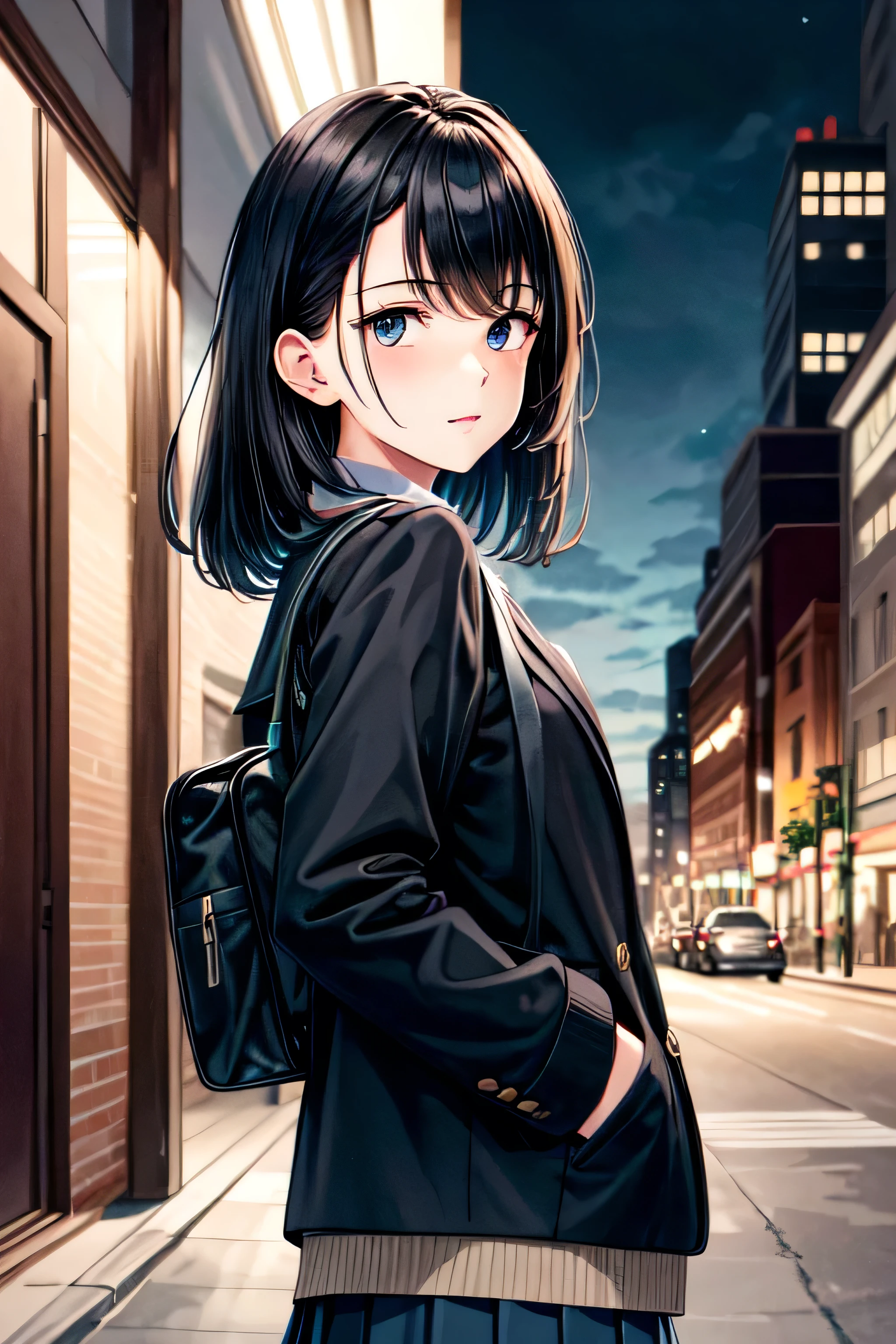 8K, masterpiece, highest quality, Illustration image, One Girl, 全てBlack Hair, semi-long, City night downtown in the background, Being on the ground, spring, high school student, uniform, Warm colors, Black schoolback, school bag, Accurate and highly detailed backgrounds, cute, Detailed face, Fine grain, Beautiful Eyes, Face forward and then glance sideways at the viewer diagonally below, Put your hands in your pockets, Black Hair,