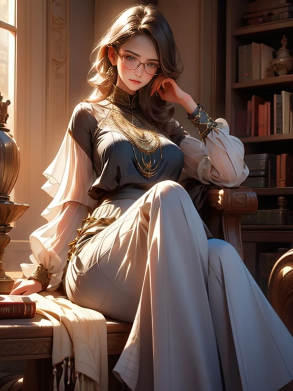 (Realistic、High resolution:1.3),alone, One Girl, masterpiece, highest quality, Very detailed, Cinema Lighting, Intricate details, High resolution, Official Art, Beautifully detailed face and eyes, High resolutionのイラスト, 8k, (Short bun hairstyle), Ash Brown Hair:1.3, Very thin body, ((Monogram Chiffon Long Skirt、Chiffon blouse:1.3)) 、Single Blade, blue eyes, Glasses, Crossing your legs, Sit on a chair, patterned high heels, Big Breasts, Book_stack, library, ((vine)), Looking at the audience,whole body,Elegant high heels,
