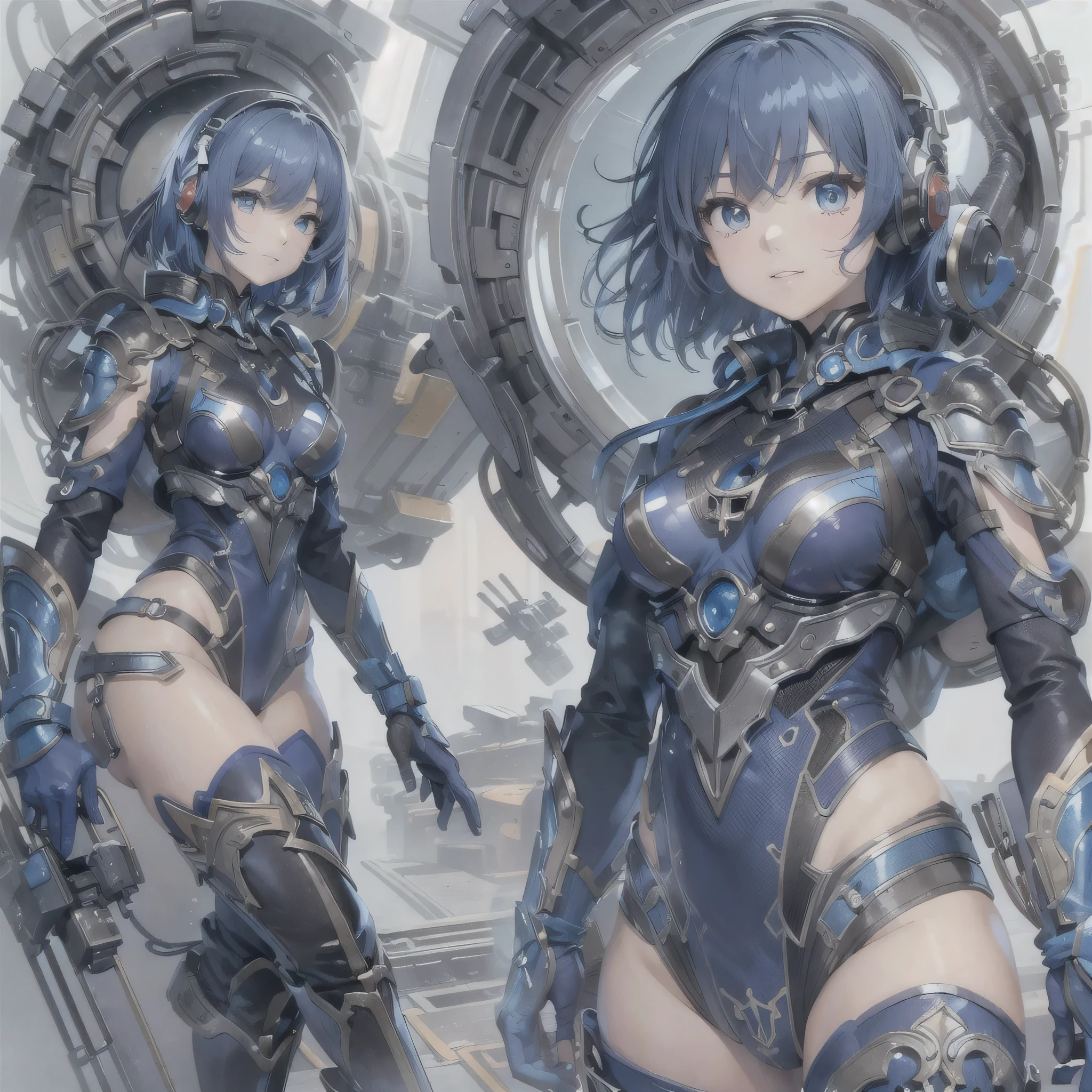 (masterpiece、highest quality、Highest Resolution、Clear_image、Detailed details、Angle from above): (Whole body、One 20 year old girl、Japanese Faces、Small Face、Slender、Navy blue super short bob cut hair、(Hidden small breasts:1.3)、Sparkling blue eyes、Shiny pilot suit in blue and black colors、Chest protection armor、Tight fitting clothes、Clothing that covers the whole body、Glamorous clothes、Tight Fit Pants、Hide your skin、Very delicate and beautiful、Detailed Skin、hide thighs、Hide your ass、Cute、A gentle smile、Soft expression、heroine、headset、Knee-high boots、Elbow-length gloves、Eye Level Shot、Face directly、Woman on a spaceship)