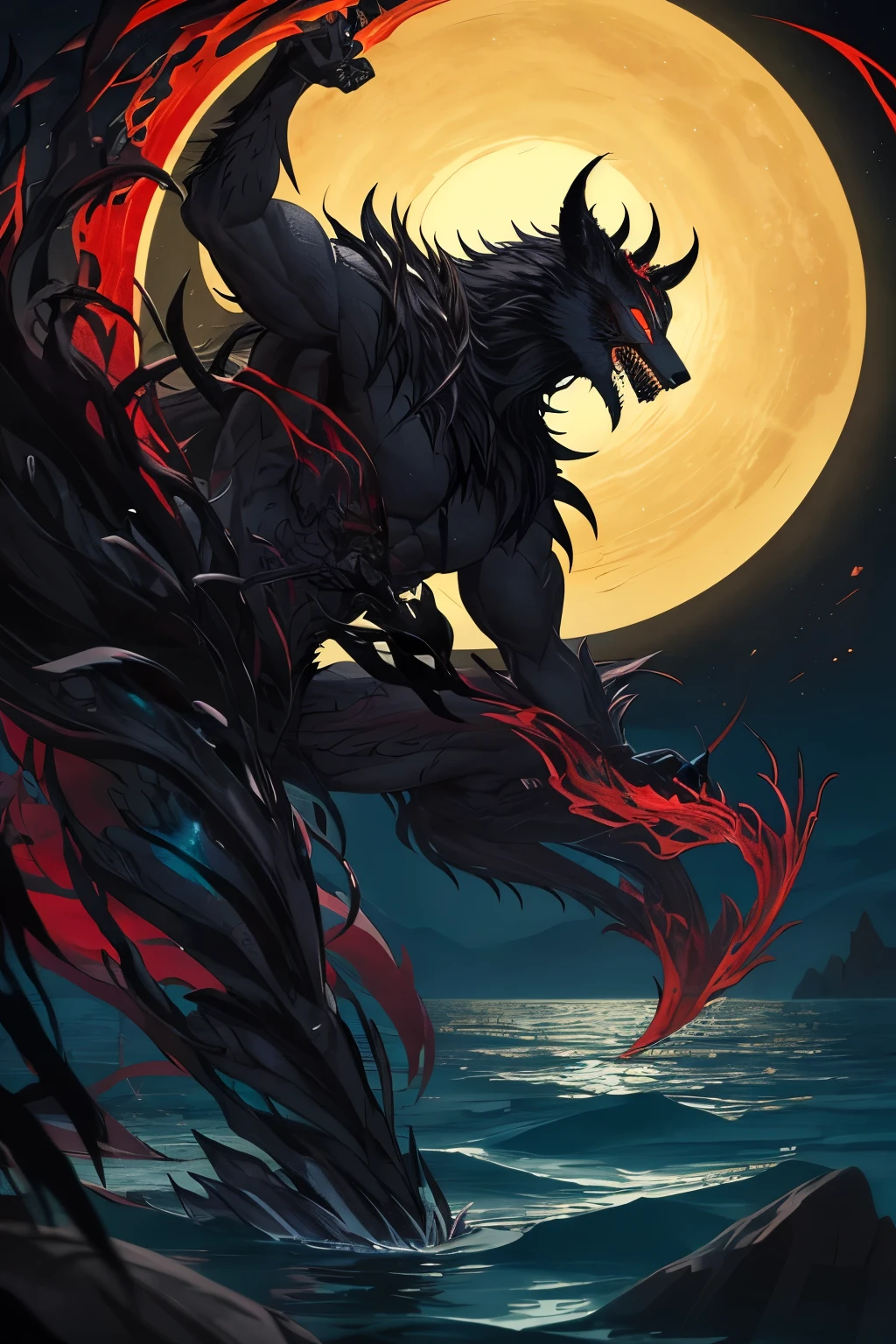 A mythical figure emerges from the shadows, a mesmerizing blend of human and beast: the infamous Wyzen, adorned in a dubious alliance of black, red, and yellow fur. His grin, both greedy and cunning, stretches wide as he approaches the tranquil edge of the mirror-like water. Yellow orbs, brimming with malevolent intent, pierce the uncanny stillness of the night. His muscular form, an enticing fusion of human grace and predatory might, is etched with intricate details that dance in the moonlight.

Clawed hands, sharp and deadly, tremble with anticipation as they reach towards the water'