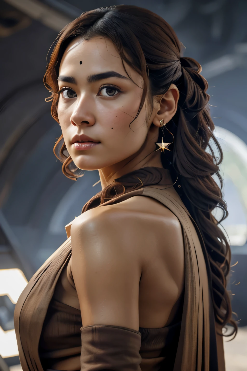 realistic woman, brun cheveux (1.1:1), cosplay star wars, solo, captivating body language, official art, unified 4K wallpaper, super detailed and hyperrealistic, beautiful and authentic, masterpiece, best quality, raw-Foto, masterful, fine grained photograph, dynamic pose, volumetric lighting, Star Wars universe setting, intricately textured and detailed costume, realistic skin, expressive eyes, figurative, intense focus, high definition, captured with a premium DSLR camera.