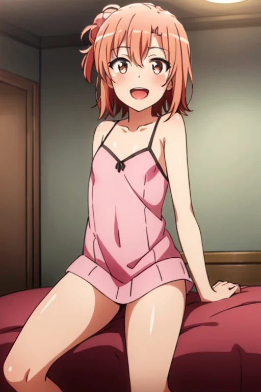 ((highest quality)), ((masterpiece)), (be familiar with), Perfect Face, indoor, Bedroom, Watching the audience,
One woman, Yuigahama Yui,
Open Mouth, Ecstatic expression, blush, smile,
Small breasts, Flat Chest, Young Girl, , , Girl,
Short Hair, Salmon-colored hair, Salmon-colored eyes, Side Pony,
Leg spread,