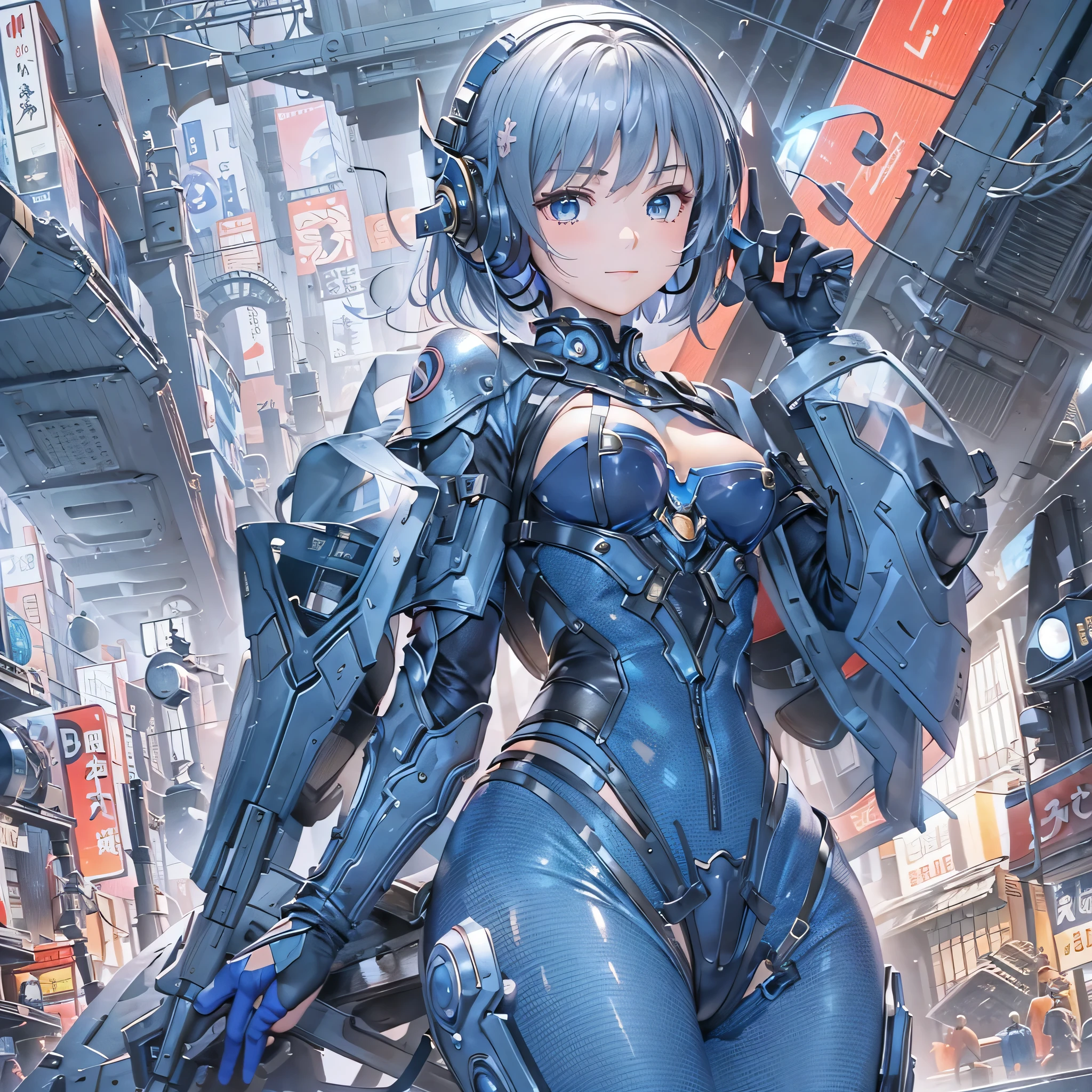(masterpiece、highest quality、Highest Resolution、Clear_image、Detailed details、Angle from above): (Whole body、One 20 year old girl、Japanese Faces、Small Face、Slender、Navy blue super short bob cut hair、(Hidden small breasts:1.3)、Sparkling blue eyes、Shiny pilot suit in blue and black colors、Chest protection armor、Tight fitting clothes、Clothing that covers the whole body、Glamorous clothes、Tight Fit Pants、Hide your skin、Very delicate and beautiful、Detailed Skin、hide thighs、Hide your ass、Cute、A gentle smile、Soft expression、heroine、headset、Knee-high boots、Elbow-length gloves、Eye Level Shot、Face directly、Woman on a spaceship)