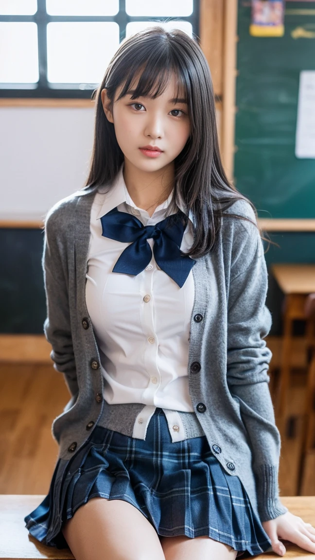 alone、high school girl、、Natural body shape、White skin、Natural Makeup、Black Hair、bangs、Straight Long Hair、、((((School uniform、White blouse、Grey long sleeve cardigan、Blue checked school ribbon))))、((((Navy blue pleated skirt、mini skirt))))、、((Big Breasts:1.2))、((()))、((The upper body is in uniform))、School classroom、(((((Looking at the camera)))))、Thighs exposed、(((Head to knee portrait)))、Focus on the chest、Are standing