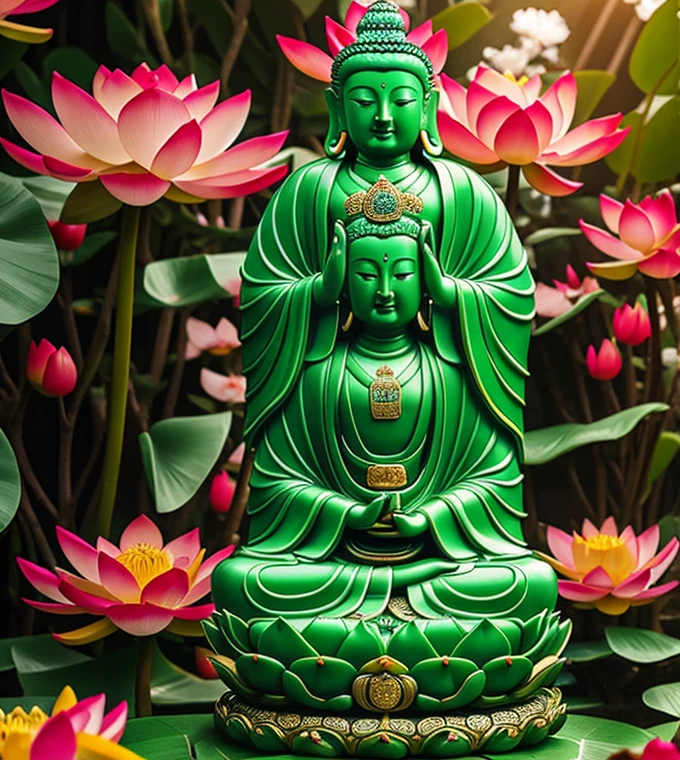 quan yin statue made of jade with 18 hands, detailed hands, detailed face, beatyfull face, crystal clear jade statue, holding a lotus made of jewery, floating red lotus, chinese haven back ground, holly light