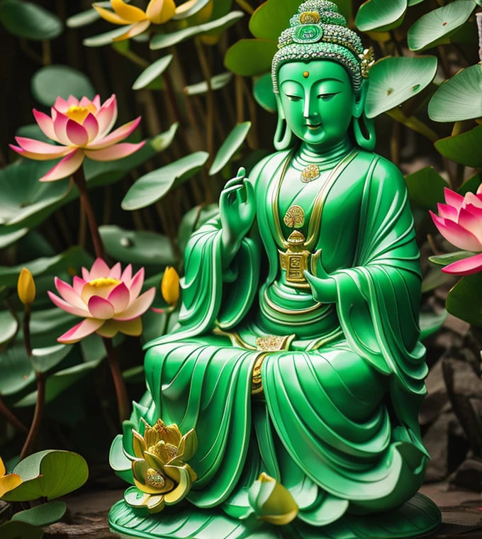 quan yin statue made of jade with 18 hands, detailed hands, detailed face, beatyfull face, crystal clear jade statue, holding a lotus made of jewery, floating red lotus, chinese haven back ground, holly light