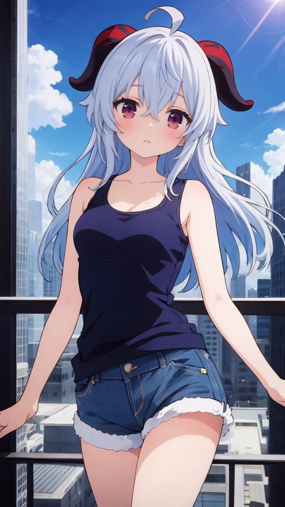 Absurd, High resolution, (Anime style: 1.1), ((Maste Piece)), ((Highest quality)), (Super detailed), (Beautiful), Solo, Beautiful face, (Lift up), Cute atmosphere with a view from The top of a skyscraper near, wind, lens flare, dramatic, detailed ancient city, clouds below, ((Shibuya)) 1.5, Ganyu (Genshin), chest, horns, long hair, blue hair, ahoge, camera Eyes, holding, blushing, bangs, absolute area, purple eyes, medium breasts, goat horns, super long hair, standing, mouth closed, , side lock, cowboy shot, fluffy, red eyes, hair between the eyes, ( Colorful Clouds Background Blur) 1.2, Fluffy, Official Art, Beauty, Aesthetics: 1.2), Text Frame Depth, Composition, ((Blue Striped Tank Top)), Denim Shorts,