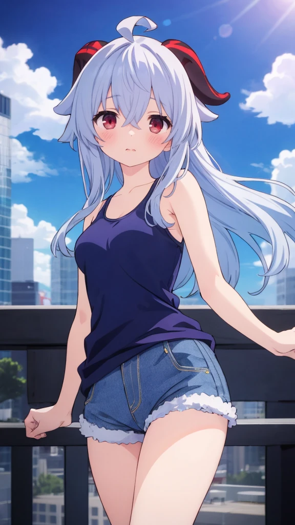 Absurd, High resolution, (Anime style: 1.1), ((Maste Piece)), ((Highest quality)), (Super detailed), (Beautiful), Solo, Beautiful face, (Lift up), Cute atmosphere with a view from The top of a skyscraper near, wind, lens flare, dramatic, detailed ancient city, clouds below, ((Shibuya)) 1.5, Ganyu (Genshin), chest, horns, long hair, blue hair, ahoge, camera Eyes, holding, blushing, bangs, absolute area, purple eyes, medium breasts, goat horns, super long hair, standing, mouth closed, , side lock, cowboy shot, fluffy, red eyes, hair between the eyes, ( Colorful Clouds Background Blur) 1.2, Fluffy, Official Art, Beauty, Aesthetics: 1.2), Text Frame Depth, Composition, ((Blue Striped Tank Top)), Denim Shorts,