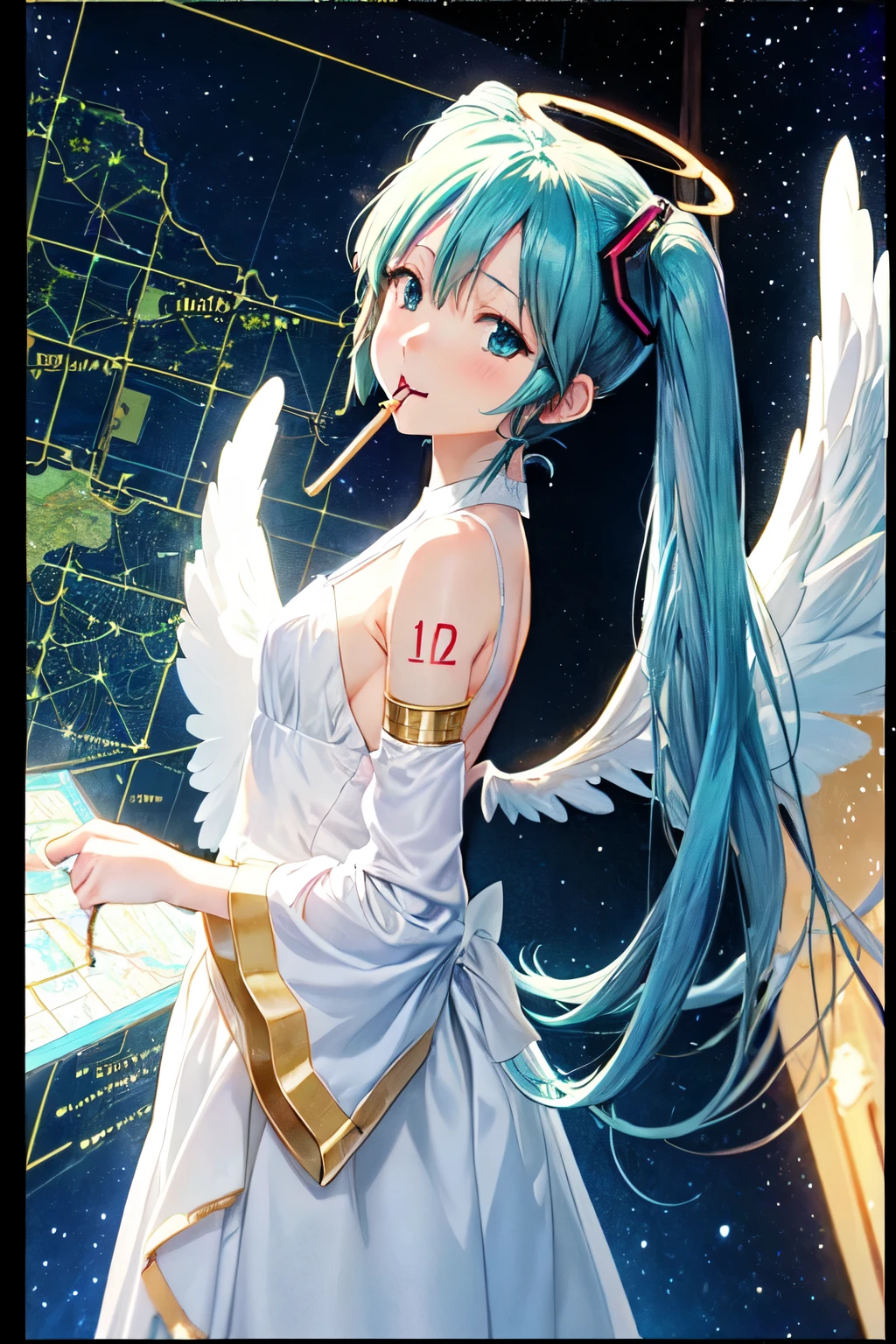 (Anime Coloring, Anime screenshots, Ghibli, map, Anime Style), One girl, Hatsune Miku, White gown, Angel, Angel wings, Golden halo, Dark Background, Upper Body, (Mouth closed:1.2), View your viewers, Put your arms behind your back, Blue Theme, performer, Starry Night