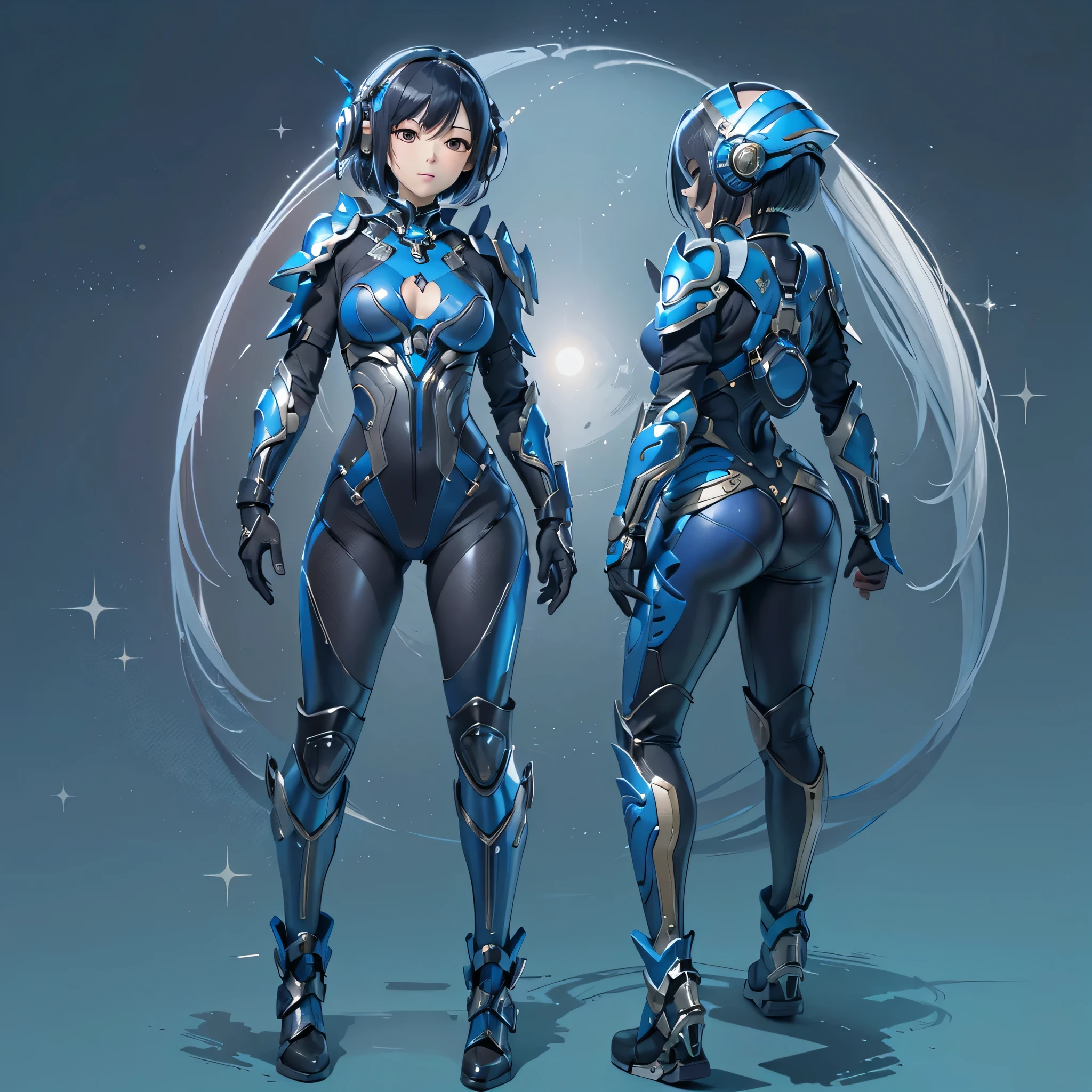 (masterpiece、highest quality、Highest Resolution、Clear_image、Detailed details、Angle from above): (Whole body、One 20 year old girl、Japanese Faces、Small Face、Slender、Navy blue super short bob cut hair、(Hidden small breasts:1.3)、Sparkling blue eyes、Shiny pilot suit in blue and black colors、Chest protection armor、Tight fitting clothes、Clothing that covers the whole body、Glamorous clothes、Tight Fit Pants、Hide your skin、Very delicate and beautiful、Detailed Skin、hide thighs、Hide your ass、Cute、A gentle smile、Soft expression、heroine、headset、Knee-high boots、Elbow-length gloves、Eye Level Shot、Face directly、Woman on a spaceship)