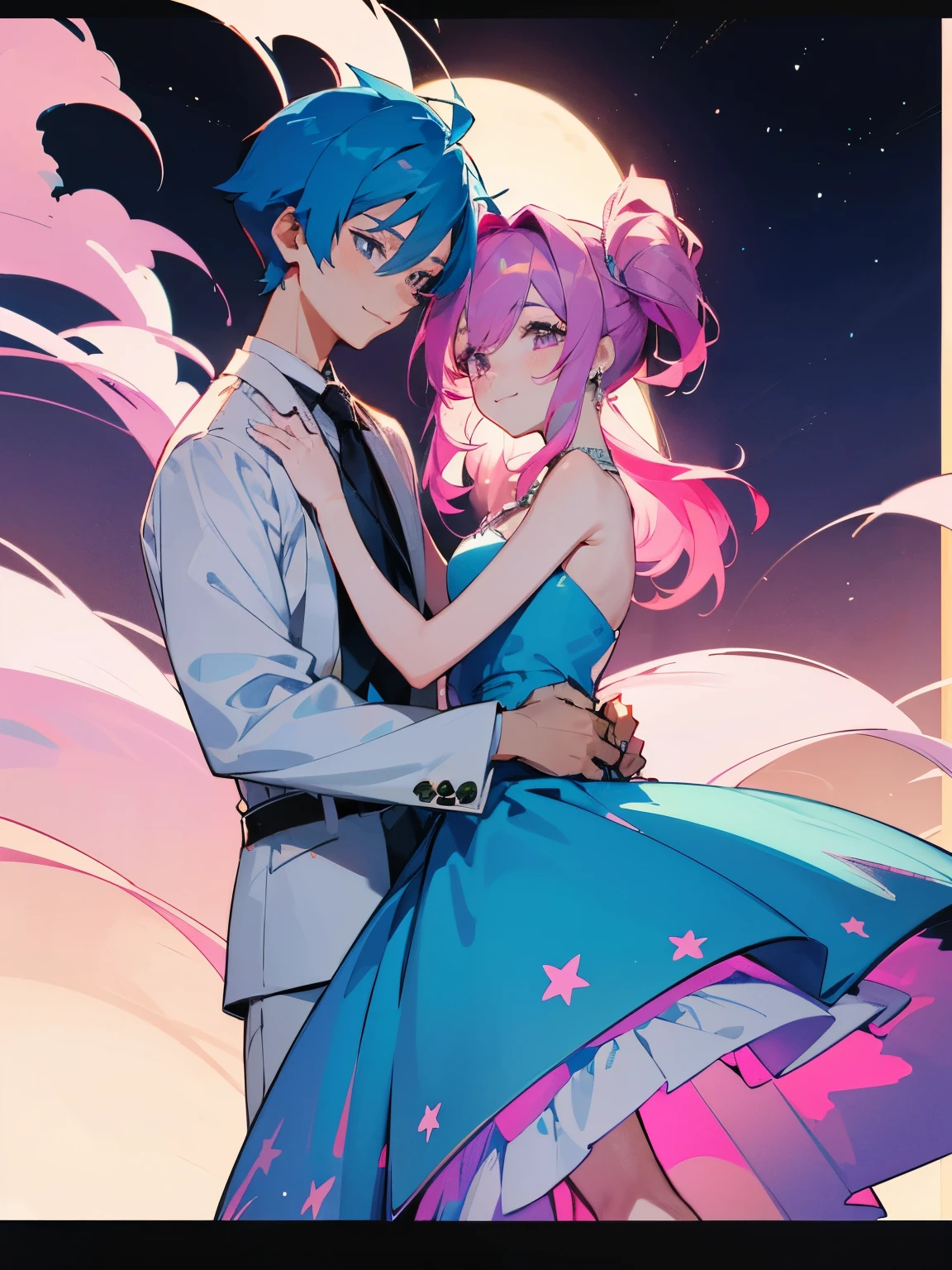 cartoon of a boy and a girl standing close together, ddlc, in the art style of 8 0 s anime, 9 0 s anime style, 90s anime style, in anime style, in an anime style, anime aesthetic, anime vibes, 9 0 s anime aesthetic, 9 0 s anime art style, lofi boy and girl, beautiful background outside, background at night with stars and a moon, fairy lights, beautiful background in a floral garden with fairy lights at night, a cute boy and a cute girl, beautiful faces, a boy and a girl, don't extra hands, NO extra hands, generate a boy and a girl with NO extra hands, NO extra arm, the boy has a short hairstyle and the girl has a long hairstyle, the boy has blue hair, the girl has pink hair, pretty faces, cute pretty boy in a smoking dress, cute pretty girl in a beautiful dress, with amazing smile, boy has a pretty smile, girl has a cute smile