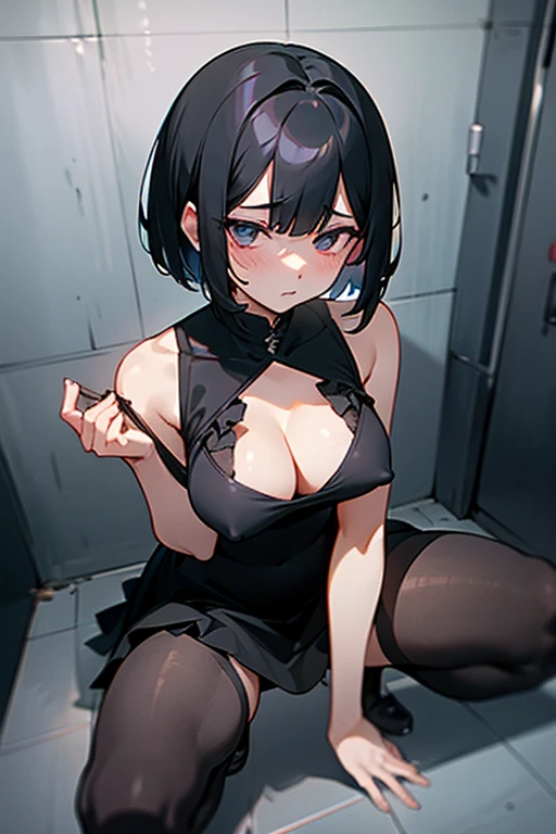 woman、Black Hair、成熟したwoman、Short Bob、short hair、Large size breasts、J cup breasts、Visible nipples、Cleavage、Wearing a tight dress、Black Party Dress、Ruffled dress、Urinating in prison、Squat positions、Spread your legs、Embarrassing