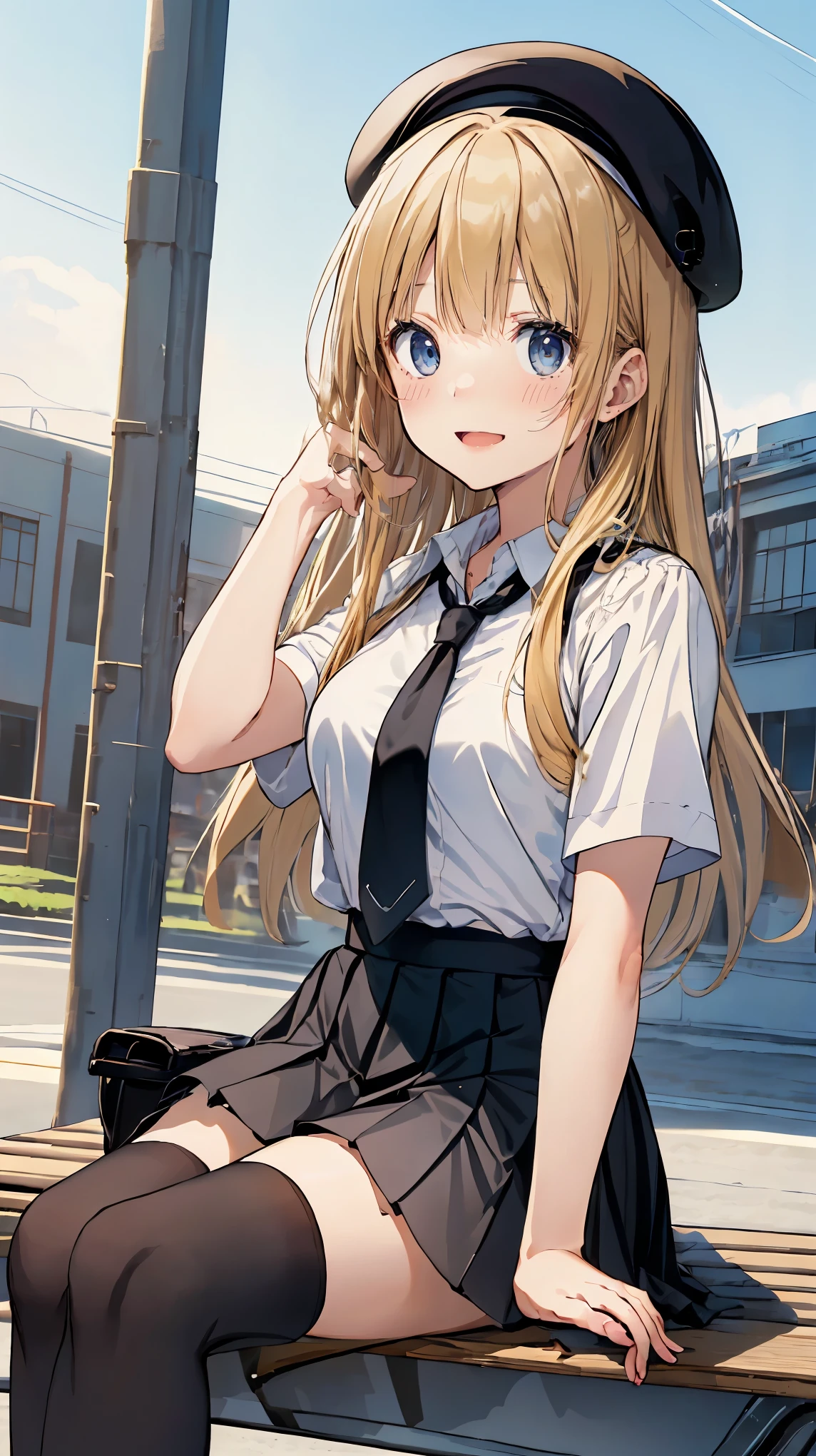 (masterpiece, best_quality), extremely detailed CG unity 8k wallpaper, super fine illustration, (anime_style), Woman posing for a photo, shy smile, Small open mouth, Long Hair, Straight hair, Fine skin, Beautiful Hands, Beautiful fingers, Wearing a beret, tie, Small breasts, Short sleeve blouse, Pleated skirt, Thighs, Absolute area, Knee socks, Daytime, Hot summer day, School, Schoolyard, Sitting on a bench, holding Canned juice, Natural light, Detailed face:1.2, Sharp focus, Hasselblad Photos, masterpiece, light makeup, Cinematic lighting, 4k, sharpness, Anime Style, whole body, Canned juice, 