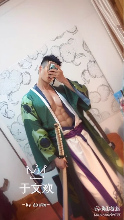 Arafed man in a kimono robe taking a selfie in a mirror, posing as a jojo character, Roronoa Zoro, vistiendo solo una bata verde, daigo ikeno, shikanosuke yagaki, cosplayer, anime cosplay, goku en la vida real, foto filtrada, personaje animado; Arte de cuerpo completo, inspirado en Eiichiro Oda