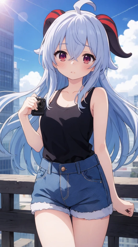 Absurd, High resolution, (Anime style: 1.1), ((Maste Piece)), ((Highest quality)), (Super detailed), (Beautiful), Solo, Beautiful face, (Lift up), Cute atmosphere with a view from The top of a skyscraper near, wind, lens flare, dramatic, detailed ancient city, clouds below, ((Shibuya)) 1.5, Ganyu (Genshin), chest, horns, long hair, blue hair, ahoge, camera Eyes, holding, blushing, bangs, absolute area, purple eyes, medium breasts, goat horns, super long hair, standing, mouth closed, , side lock, cowboy shot, fluffy, red eyes, hair between the eyes, ( Colorful Clouds Background Blur) 1.2, Fluffy, Official Art, Beauty, Aesthetics: 1.2), Text Frame Depth, Composition, ((White Tank Top)), Denim Shorts,
