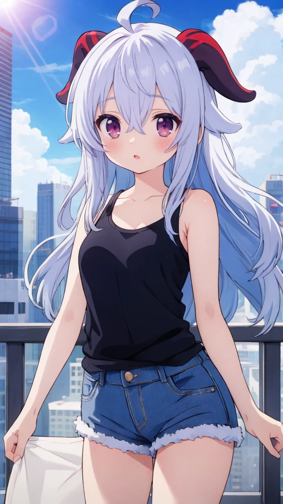 Absurd, High resolution, (Anime style: 1.1), ((Maste Piece)), ((Highest quality)), (Super detailed), (Beautiful), Solo, Beautiful face, (Lift up), Cute atmosphere with a view from The top of a skyscraper near, wind, lens flare, dramatic, detailed ancient city, clouds below, ((Shibuya)) 1.5, Ganyu (Genshin), chest, horns, long hair, blue hair, ahoge, camera Eyes, holding, blushing, bangs, absolute area, purple eyes, medium breasts, goat horns, super long hair, standing, mouth closed, , side lock, cowboy shot, fluffy, red eyes, hair between the eyes, ( Colorful Clouds Background Blur) 1.2, Fluffy, Official Art, Beauty, Aesthetics: 1.2), Text Frame Depth, Composition, ((White Tank Top)), Denim Shorts,