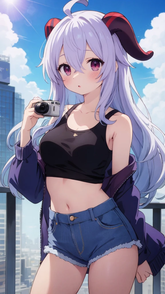 Absurd, High resolution, (Anime style: 1.1), ((Maste Piece)), ((Highest quality)), (Super detailed), (Beautiful), Solo, Beautiful face, (Lift up), Cute atmosphere with a view from The top of a skyscraper near, wind, lens flare, dramatic, detailed ancient city, clouds below, ((Shibuya)) 1.5, Ganyu (Genshin), chest, horns, long hair, blue hair, ahoge, camera Eyes, holding, blushing, bangs, absolute area, purple eyes, medium breasts, goat horns, super long hair, standing, mouth closed, , side lock, cowboy shot, fluffy, red eyes, hair between the eyes, ( Colorful Clouds Background Blur) 1.2, Fluffy, Official Art, Beauty, Aesthetics: 1.2), Text Frame Depth, Composition, ((White Tank Top)), Denim Shorts,