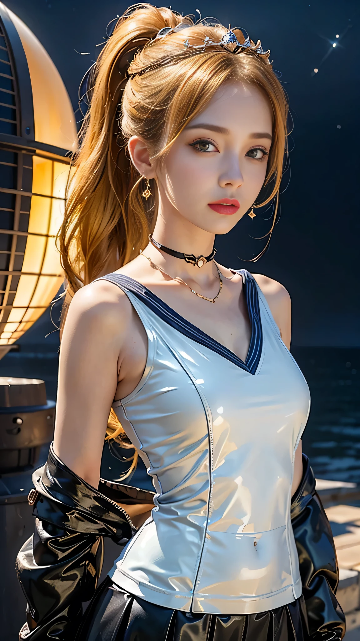 ((masterpiece:1.4)、(highest quality:1.4)、(Realistic:1.7))、Masterpiece:1.4、(Top-notch rendering:1.4)、beautiful girl、(Beautiful Girl Sailor Moon:1.7)、MoonWild Rabbit、(Body Fit Sexy Sailor Warrior Uniform:1.4)、(Shiny latex:1.7)、(The jacket is a white sleeveless sailor suit....:1.4)、(Skirt Blue Sexy Ultra Ultra Pleated Mini Skirt:1.4)、The sailor suit collar has two thin blue lines...............:1.2、High leg swimsuit、Red cloth decoration on chest:1.2、(Wearing white gloves)、Cute Girl、Super Beauty、Sharp Focus、Portrait Photography:1.4、8k、Photorealistic images:1.4、(Perfect female body:1.4)、Perfect proportions、(Upper body shot:1.4)、Beautiful Face、Beautiful Eyes、(Narrow waist:1.4)、(9-body proportions beautiful girl:1.4)、(A beautiful girl with long legs and a good figure:1.4)、Beautiful feet:1.2、(Yellow Hair:1.4)、(Long Hair:1.2)、(ponytail:1.2)、Beautiful breasts、Large Breasts:1.2、sexy ass、Raw photo、Red lips、Red high heels:1.4、choker:1.4、necklace:1.4、Earrings:1.4、Gorgeous golden tiara:1.4、1 Screen Display:1.4、moon、universe、spaceship、Universe Station、City of the Future