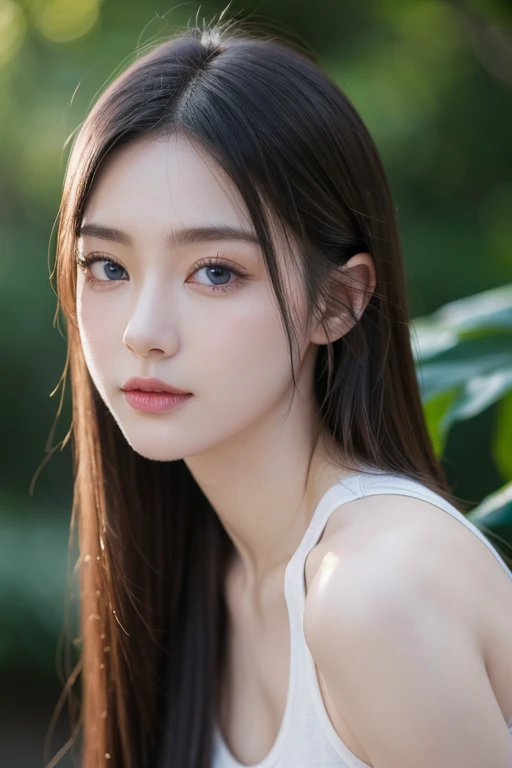((最high quality, 8k, masterpiece: 1.3, Ultra HD, high quality, 最high quality, high resolution, realism)) 、25 years old white female、Platinum to purple gradient、blue eyes long hair、I的头发是波浪形的、Smile、Slender but well-proportioned muscles、I don&#39;不想让I的头从屏幕上消失.、Apply red nail polish、I have a peticure、In a luxurious temple、Wear luxurious accessories、Ribbon on ponytail、、I can see my bellybutton、I&#39;I穿着低腰比基尼、wear high heel shoes、Low Angle、I&#39;I双手叉腰、White suspender underwear、The city after the rain、Rainbow in the blue sky