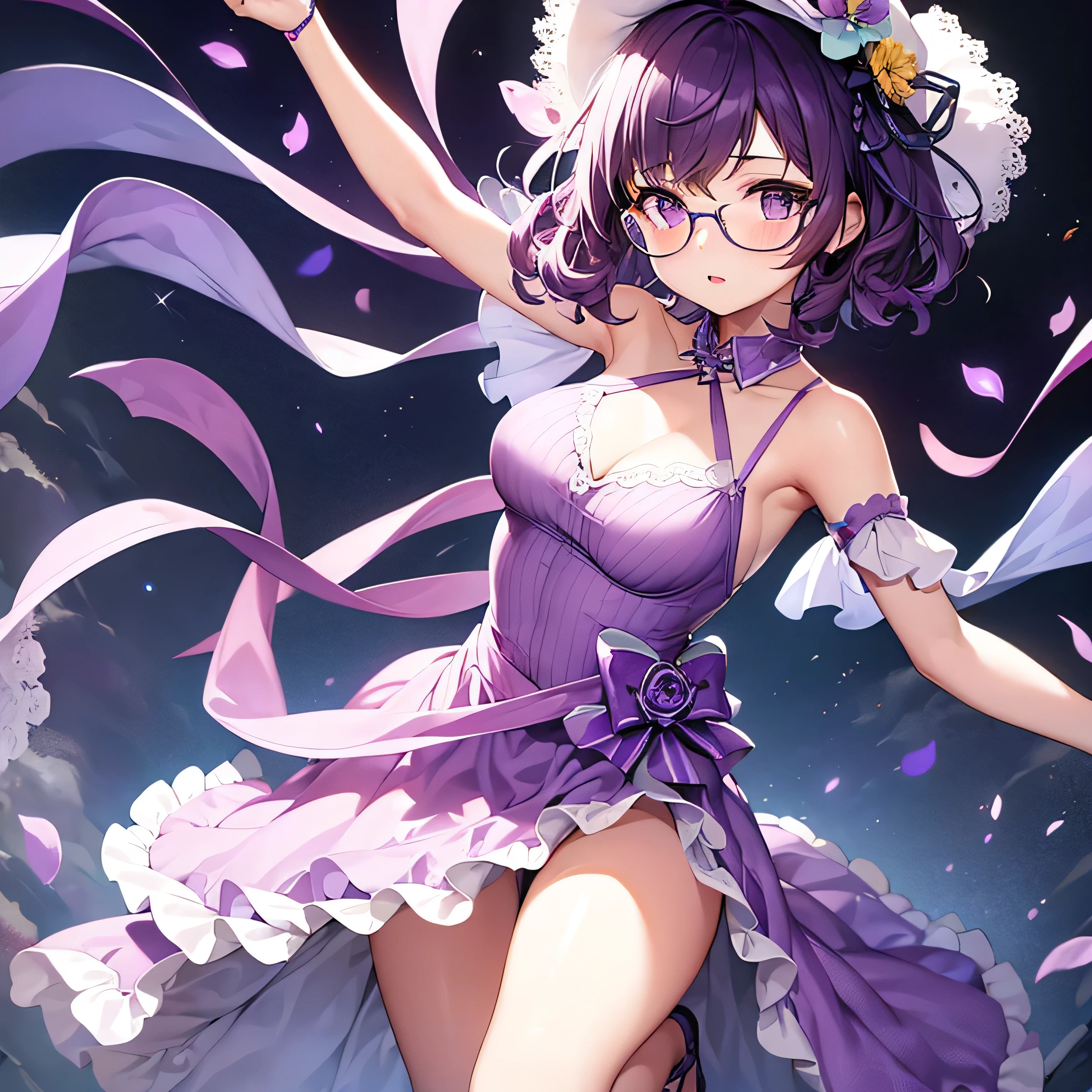 One girl, extremely detaled, glasses, very short curly purple hair, summer gauzy and freely purple dress, dynamic pose