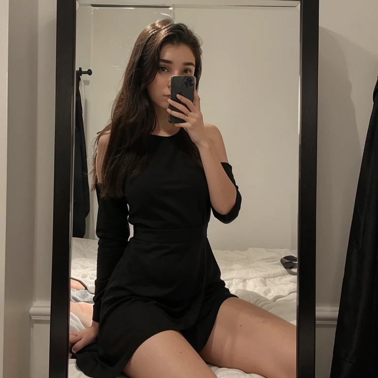 there is a woman taking a picture of herself in a mirror, poggers, wearing black dress,full photo, 19 years old, booth. pm, dirty mirror,  victoria siemer,  front photo, stick figure, half body cropping, big thighs, sitting on a bed, cute, very beautiful girl,  Canadian girl, black and brown mixed hair