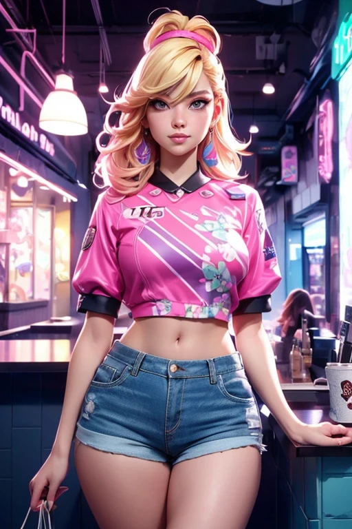 Warm color environment,femele,White silver hair,long whitr hair,After the cash register,Sexy body,Pink cape jacket,Glowing glass crystal ball on a cash register,White color blouse,Orange denim shorts