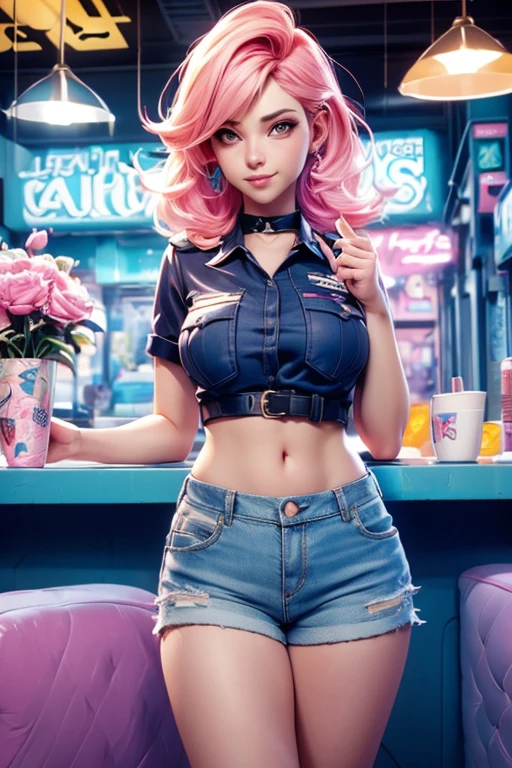 A policewoman in uniform and blonde hair posing in front of flowers, Background, In chic boho style, in a café, Ice cream print, multi-colored neon lights, neon garlands, Pink lavender mint hair, mixed-language_SMS, Japanese graffiti, (beautiful and clear background:1.2),, fantastic paintings ,graffit style, olhos altamente detalhados , Underwear, lace, latex, blonde girl, Cat Print, tattoo, Loving, Love, ultra detailed hair, Masterpiece, Best Quality, hig quality, high-resolution, detail enhancement, ((most beautiful image in the world)), Masterpiece, Best Quality, hig quality, high-resolution, detail enhancement, ((most beautiful image ), Shiny pink degrade hair, ultra short fitted Stampa Flores, Rollers, tights in a mesh, Short denim shorts, art by stjepan sejic, art by j scott campbell, art by guillem march, art by citemer liu, 4k, high-resolution, comic book character, comic, high quality detailed, style of ::2.0 comix illustration style,tatoon style, hig quality, high-resolution, detail enhancement, 8K, HD, Best Quality, hig quality, high-resolution, detail enhancement, 8K, HDR, Sharp focus, Ultra Detailed, Perfect lighting, Curvy Body, Lush breasts, Curvy hips